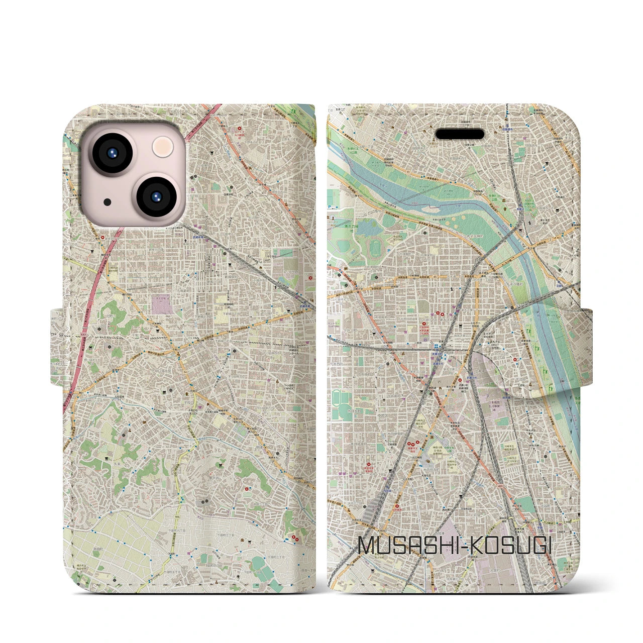 【武蔵小杉】地図柄iPhoneケース（手帳両面タイプ・ナチュラル）iPhone 13 mini 用