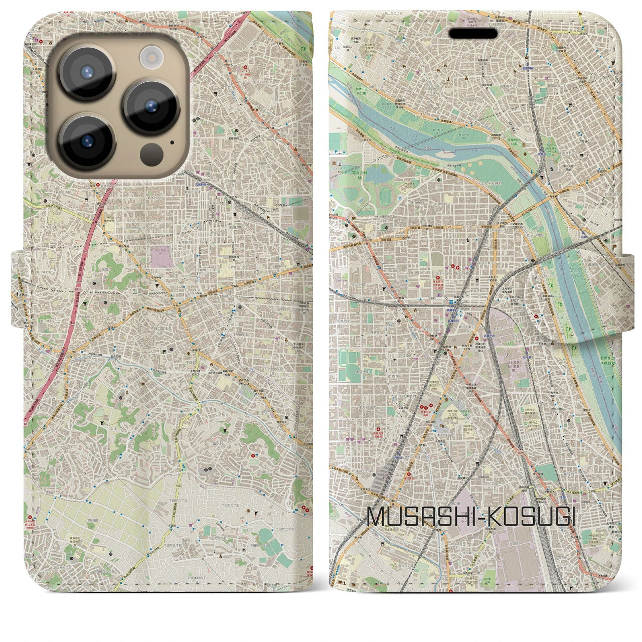 【武蔵小杉】地図柄iPhoneケース（手帳両面タイプ・ナチュラル）iPhone 14 Pro Max 用