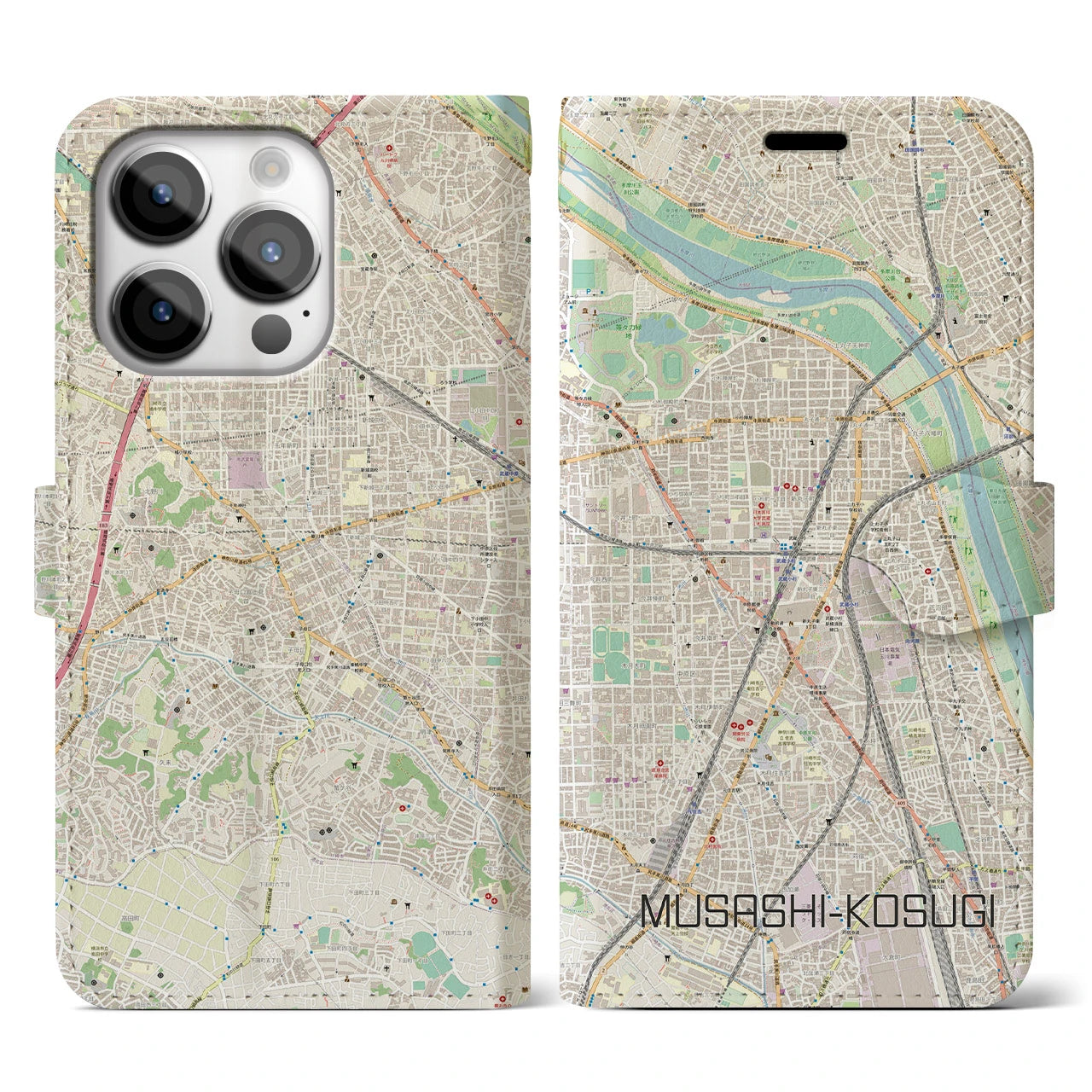 【武蔵小杉】地図柄iPhoneケース（手帳両面タイプ・ナチュラル）iPhone 14 Pro 用