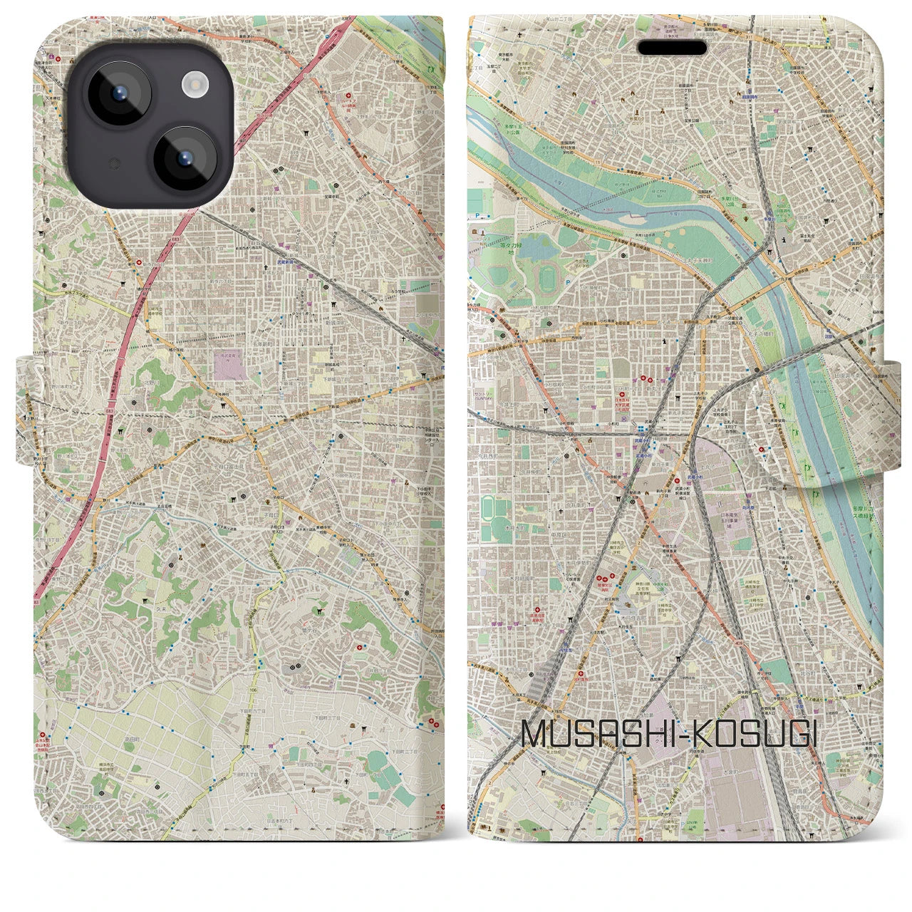 【武蔵小杉】地図柄iPhoneケース（手帳両面タイプ・ナチュラル）iPhone 14 Plus 用