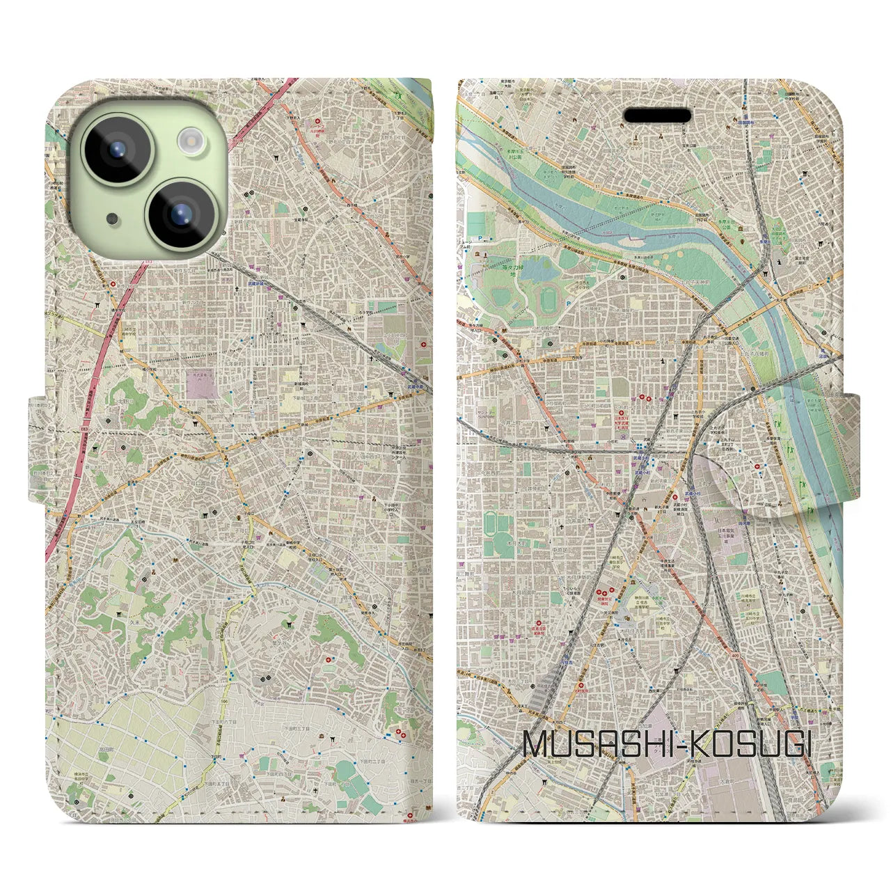 【武蔵小杉】地図柄iPhoneケース（手帳両面タイプ・ナチュラル）iPhone 15 用