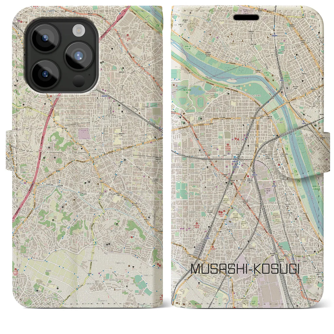 【武蔵小杉】地図柄iPhoneケース（手帳両面タイプ・ナチュラル）iPhone 15 Pro Max 用