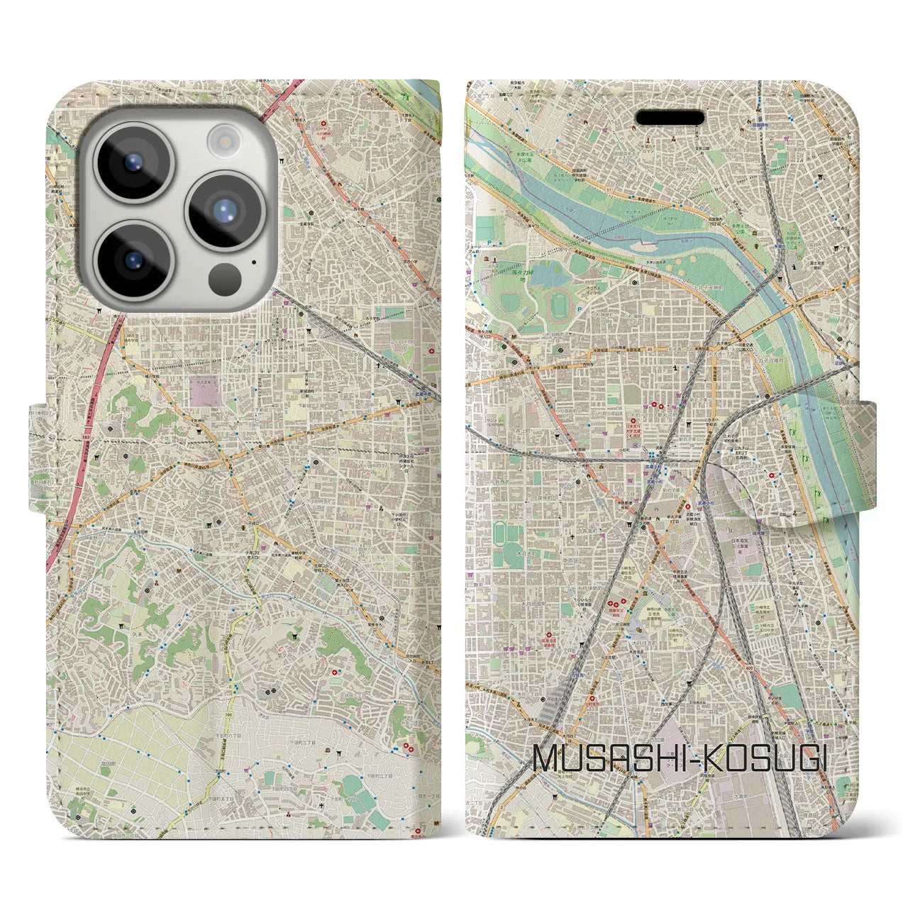 【武蔵小杉】地図柄iPhoneケース（手帳両面タイプ・ナチュラル）iPhone 15 Pro 用