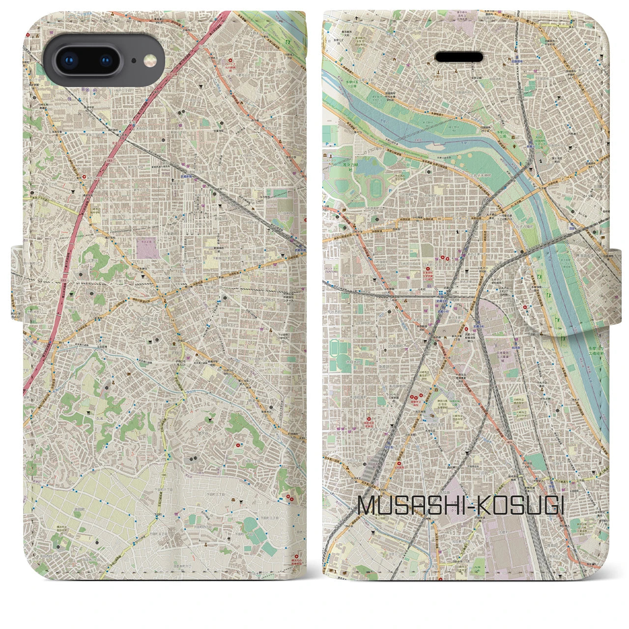 【武蔵小杉】地図柄iPhoneケース（手帳両面タイプ・ナチュラル）iPhone 8Plus /7Plus / 6sPlus / 6Plus 用
