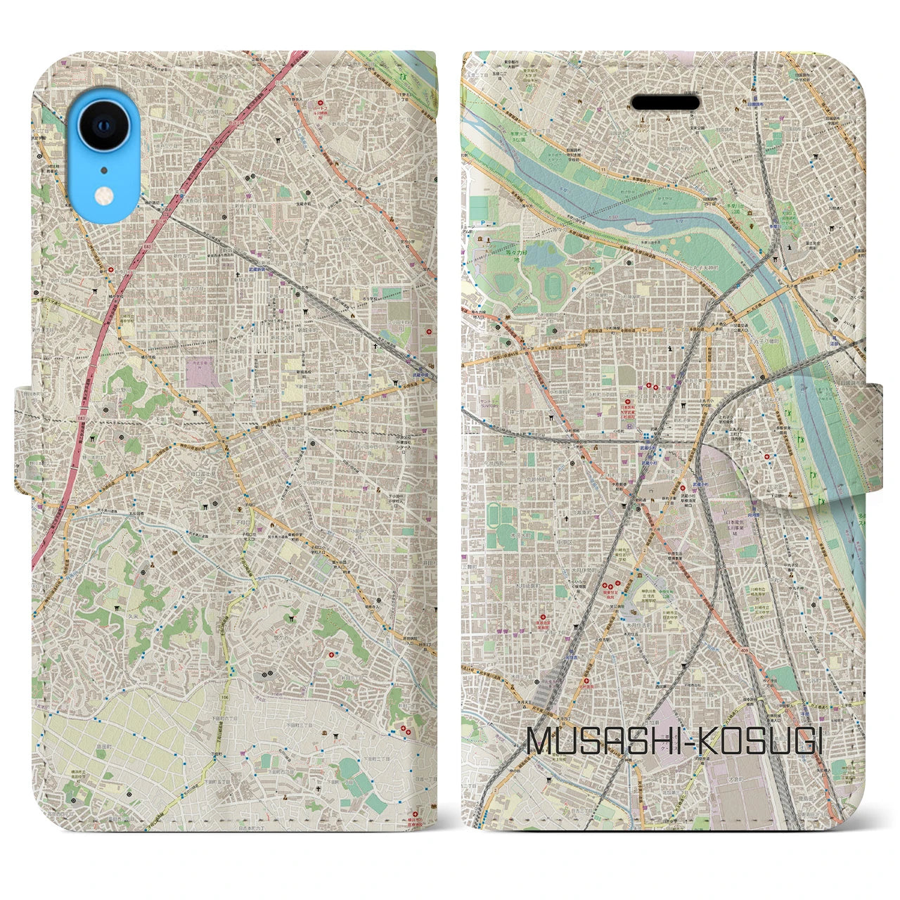 【武蔵小杉】地図柄iPhoneケース（手帳両面タイプ・ナチュラル）iPhone XR 用