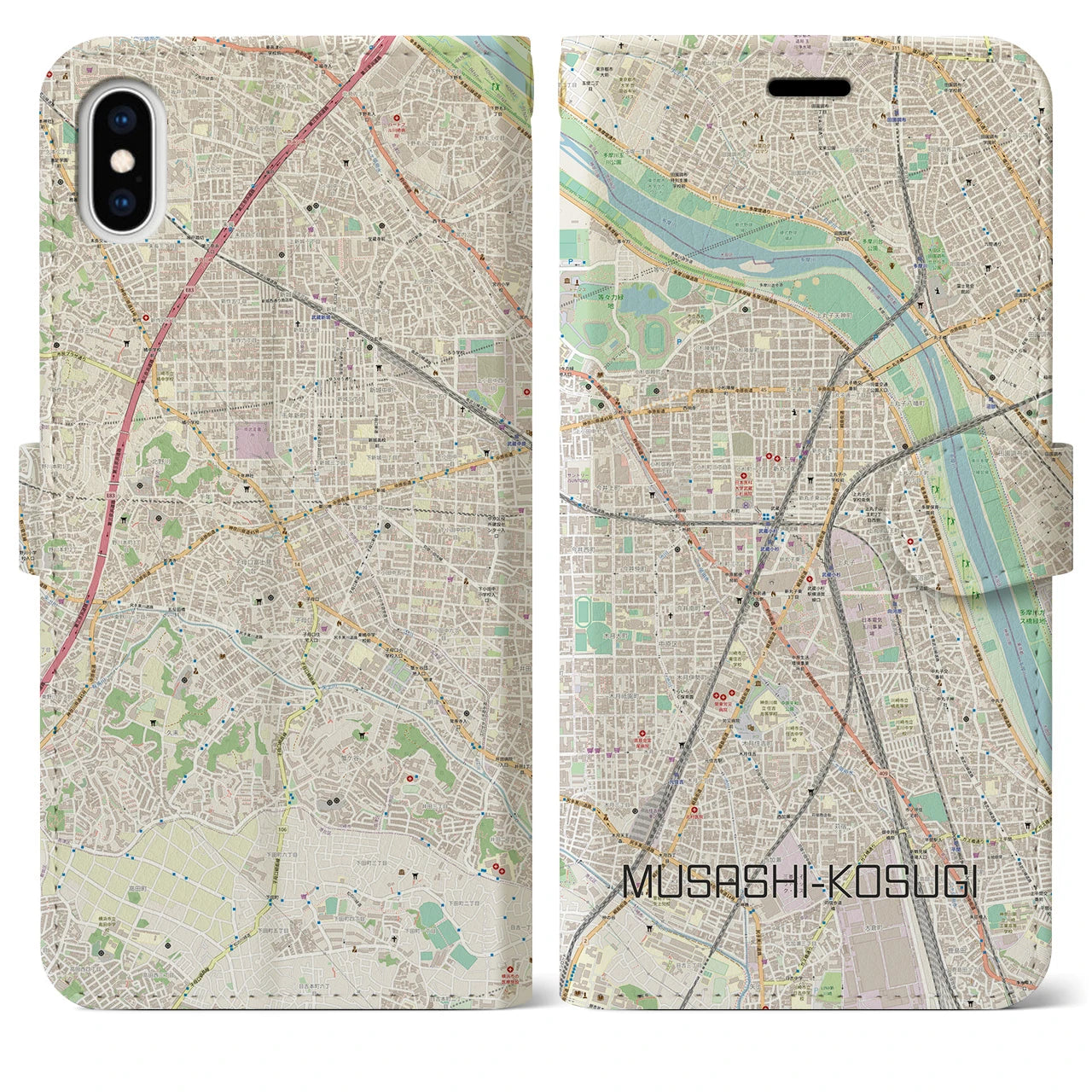 【武蔵小杉】地図柄iPhoneケース（手帳両面タイプ・ナチュラル）iPhone XS Max 用