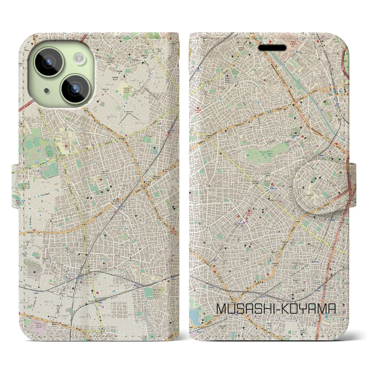 【武蔵小山】地図柄iPhoneケース（手帳両面タイプ・ナチュラル）iPhone 15 用