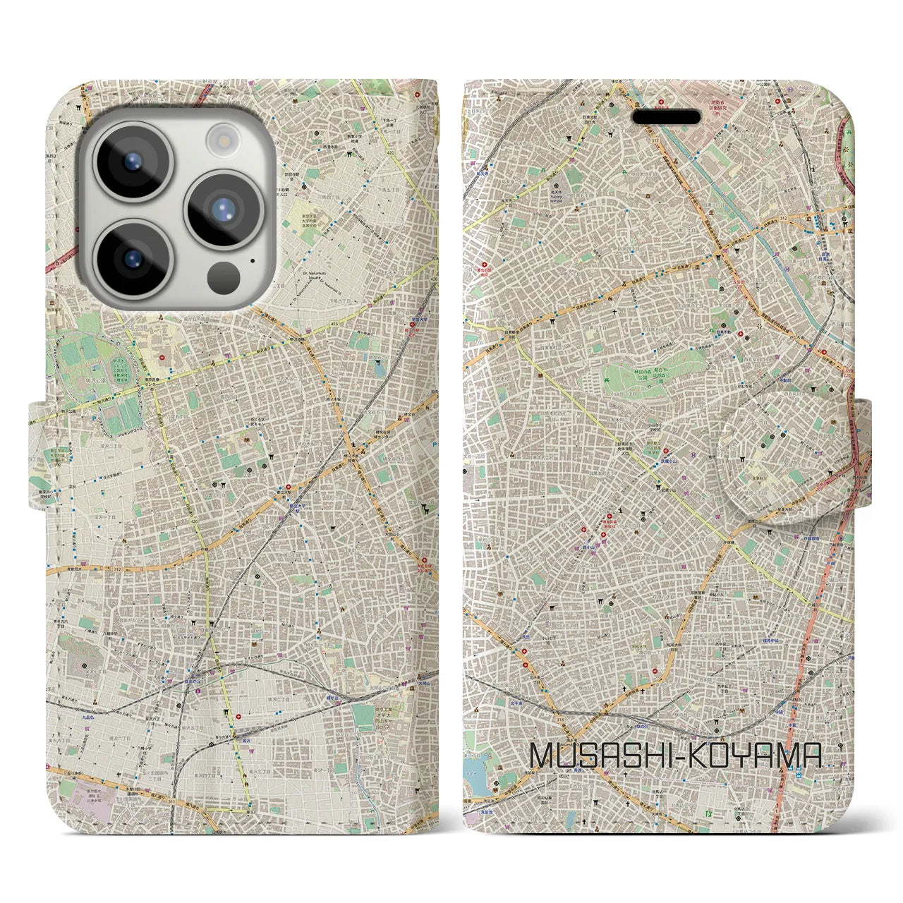 【武蔵小山】地図柄iPhoneケース（手帳両面タイプ・ナチュラル）iPhone 15 Pro 用