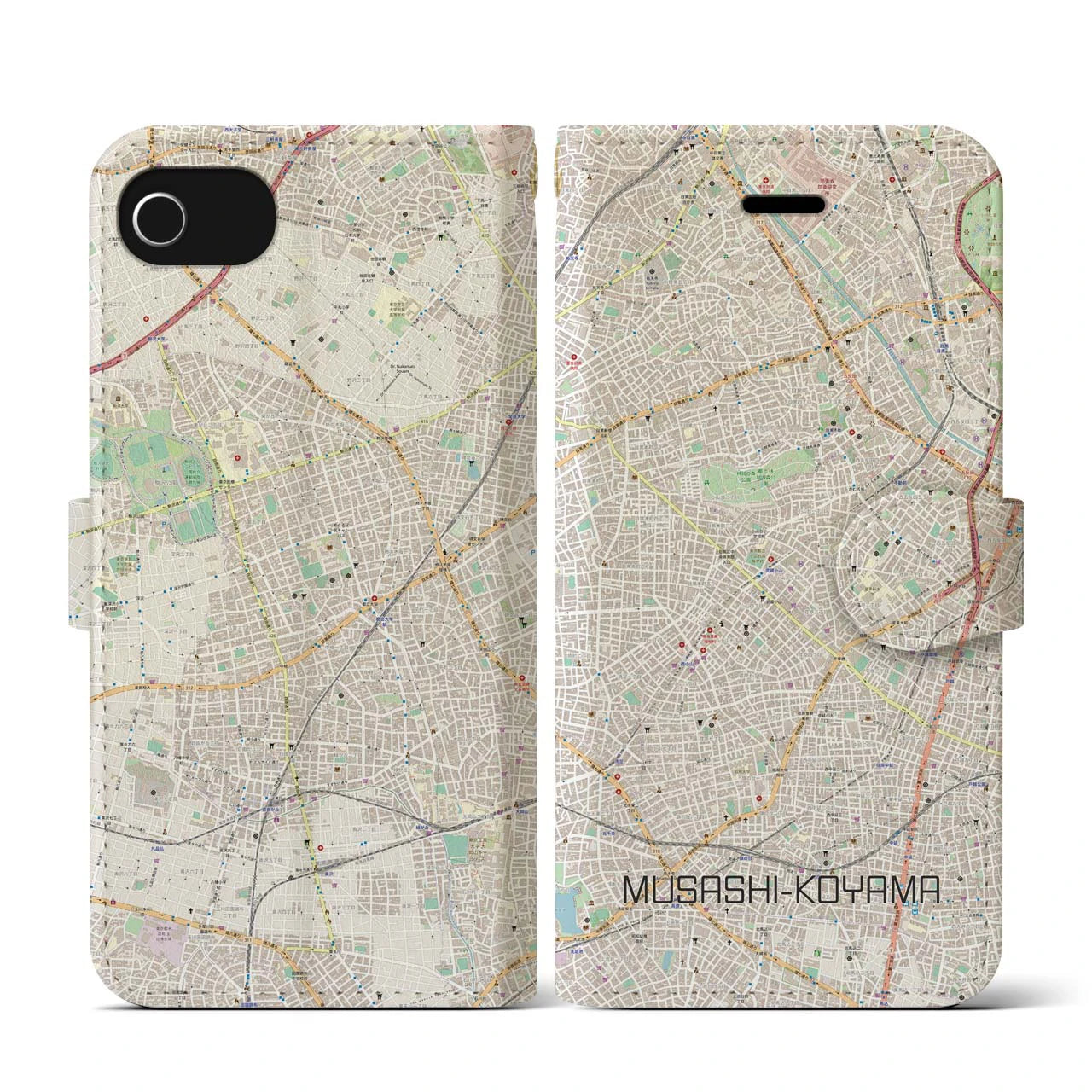 【武蔵小山】地図柄iPhoneケース（手帳両面タイプ・ナチュラル）iPhone SE（第3 / 第2世代） / 8 / 7 / 6s / 6 用