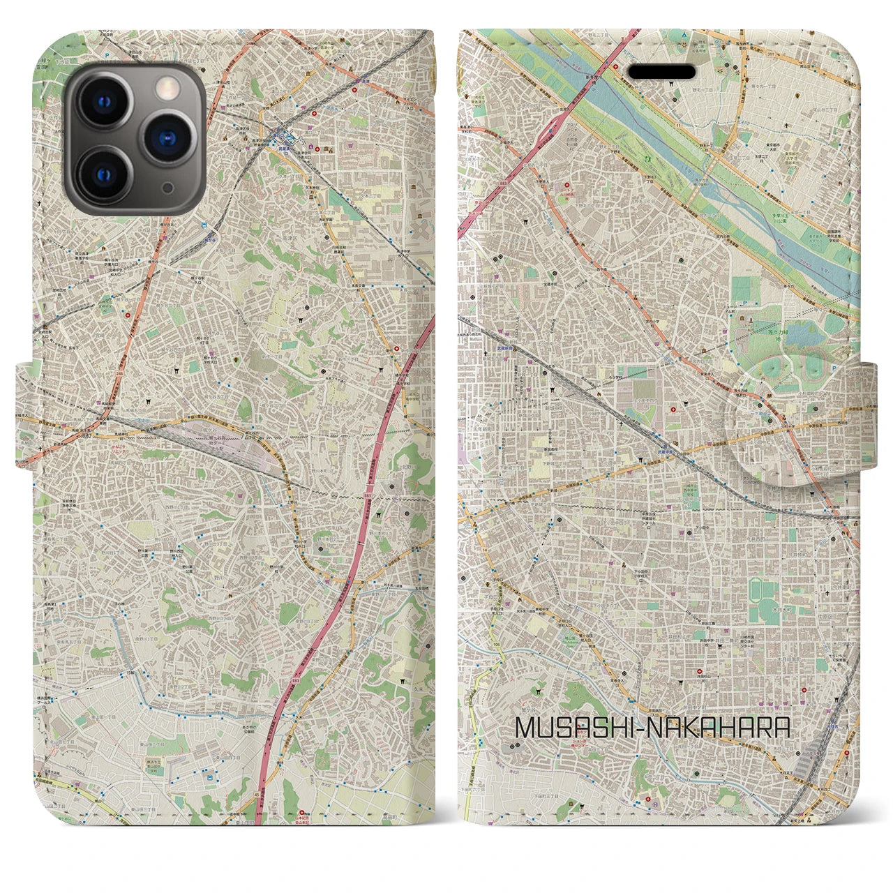 【武蔵中原】地図柄iPhoneケース（手帳両面タイプ・ナチュラル）iPhone 11 Pro Max 用