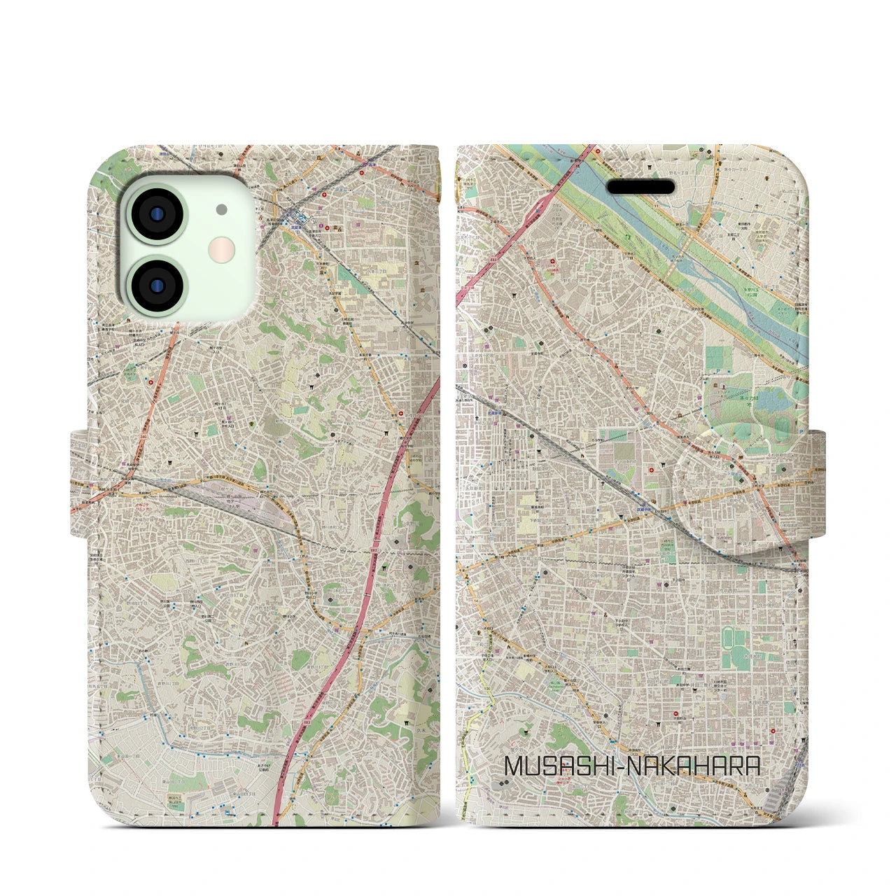 【武蔵中原】地図柄iPhoneケース（手帳両面タイプ・ナチュラル）iPhone 12 mini 用