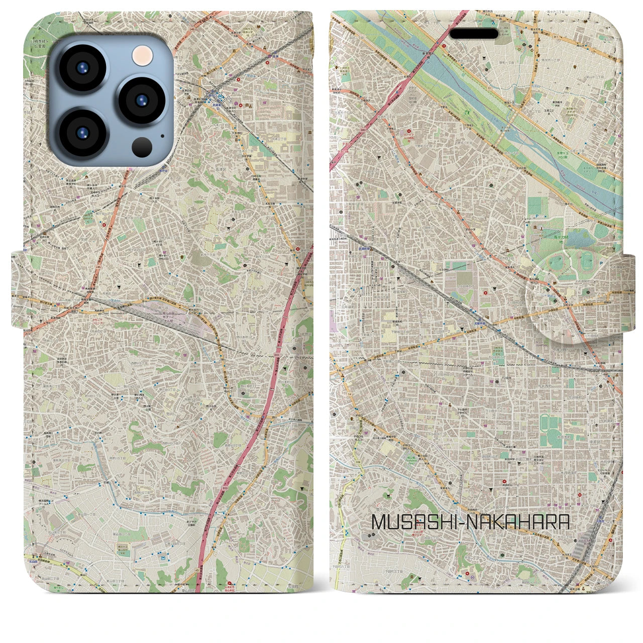 【武蔵中原】地図柄iPhoneケース（手帳両面タイプ・ナチュラル）iPhone 13 Pro Max 用