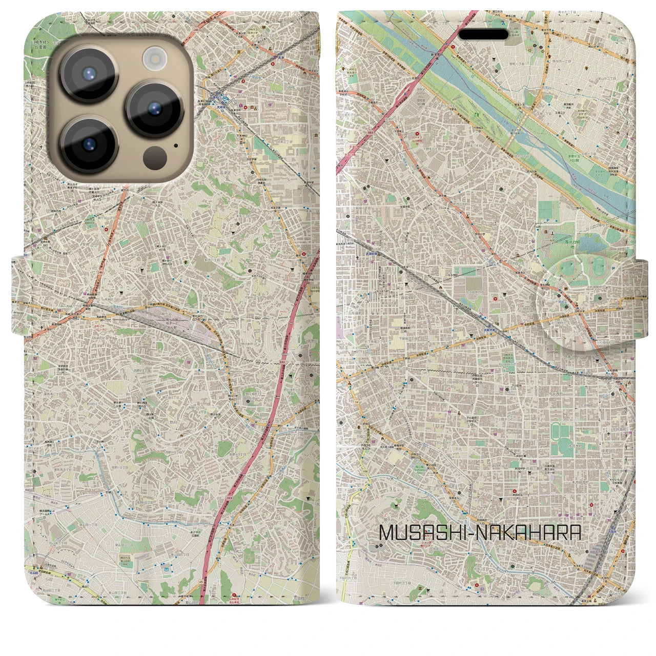 【武蔵中原】地図柄iPhoneケース（手帳両面タイプ・ナチュラル）iPhone 14 Pro Max 用