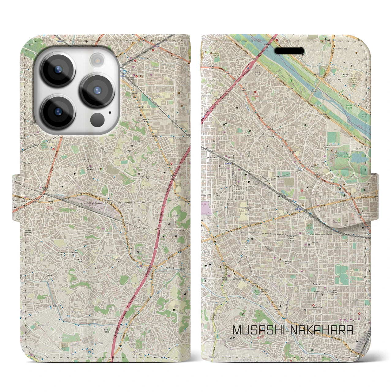 【武蔵中原】地図柄iPhoneケース（手帳両面タイプ・ナチュラル）iPhone 14 Pro 用