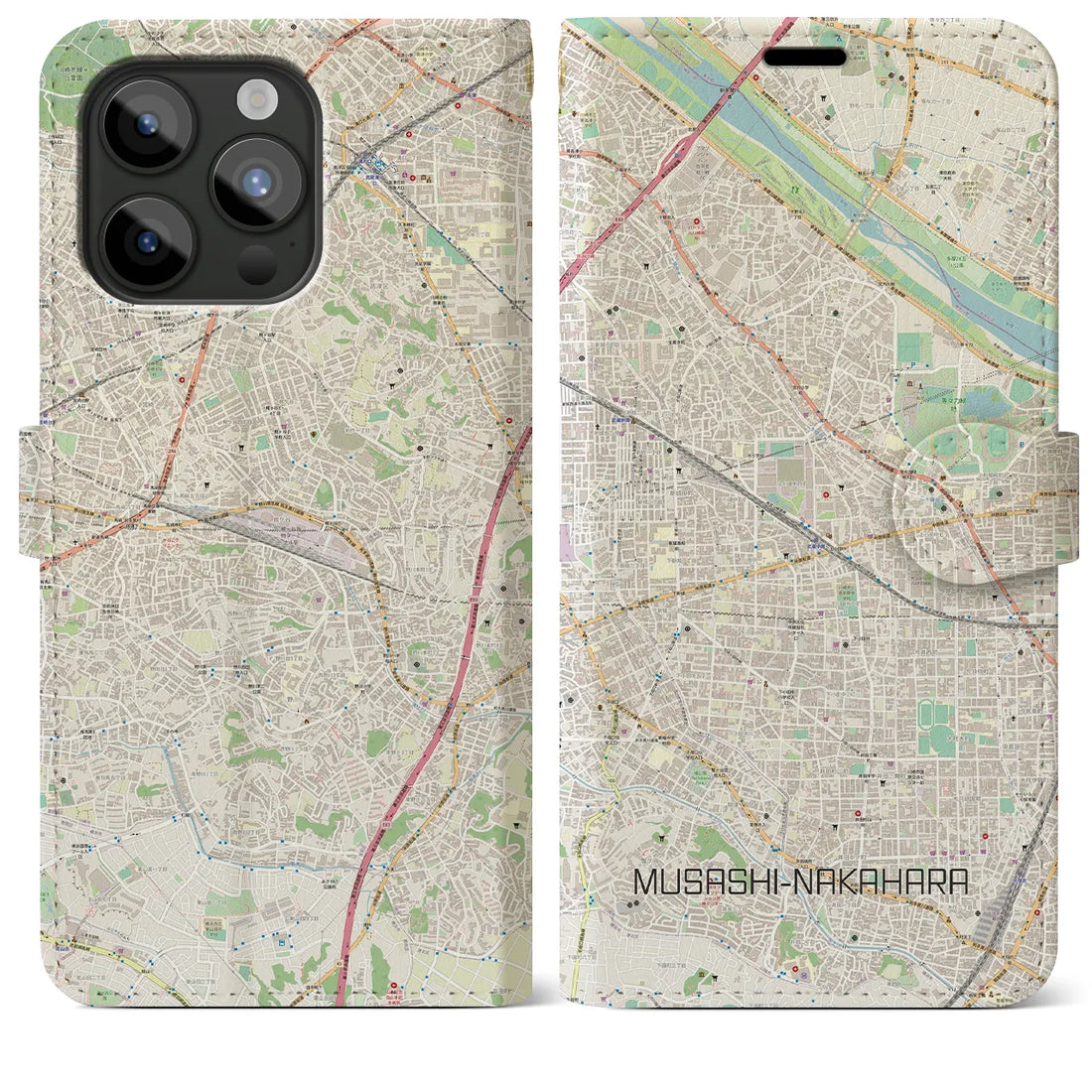 【武蔵中原】地図柄iPhoneケース（手帳両面タイプ・ナチュラル）iPhone 15 Pro Max 用