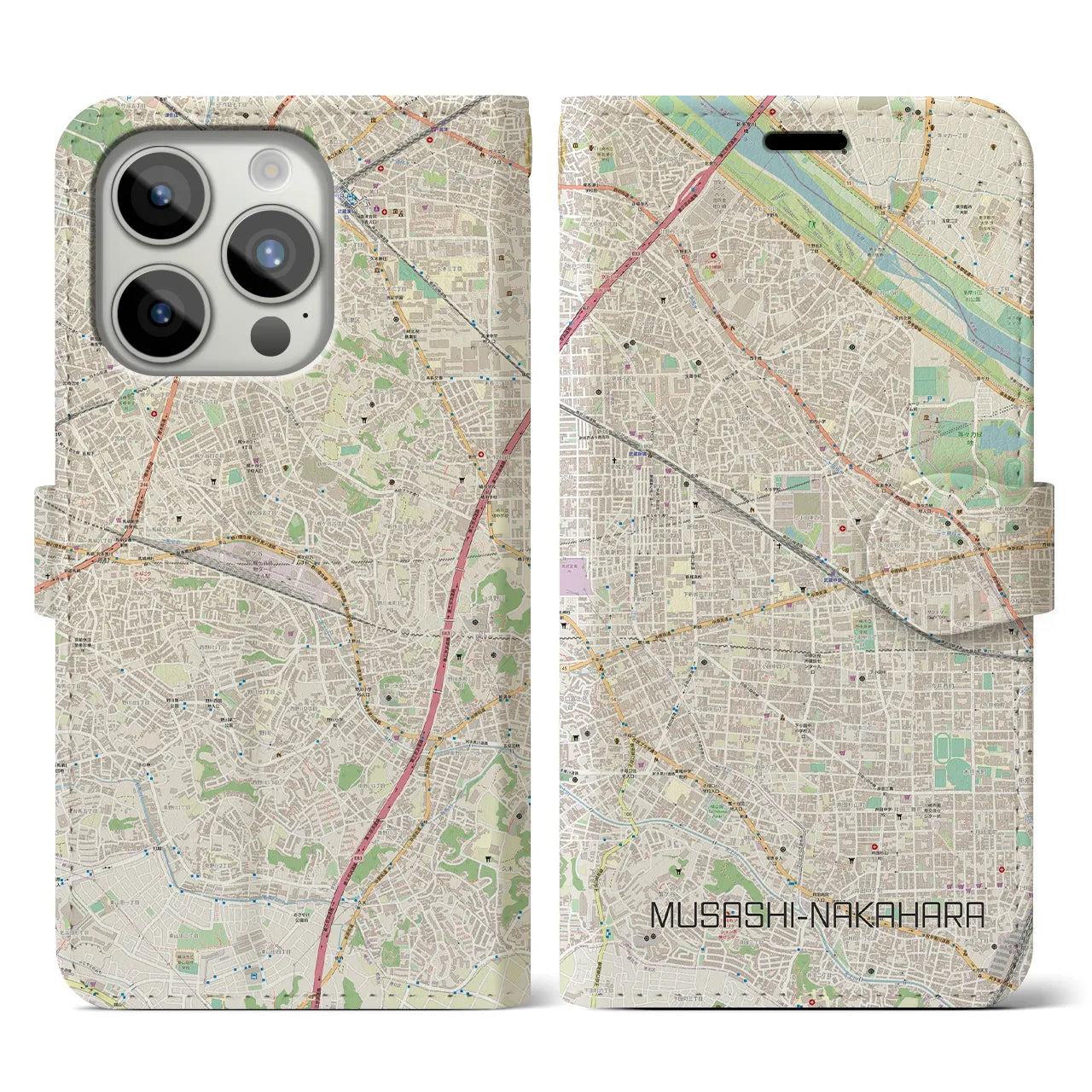 【武蔵中原】地図柄iPhoneケース（手帳両面タイプ・ナチュラル）iPhone 15 Pro 用