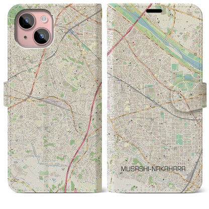 【武蔵中原（神奈川県）】地図柄iPhoneケース（手帳タイプ）ナチュラル・iPhone 15 Plus 用