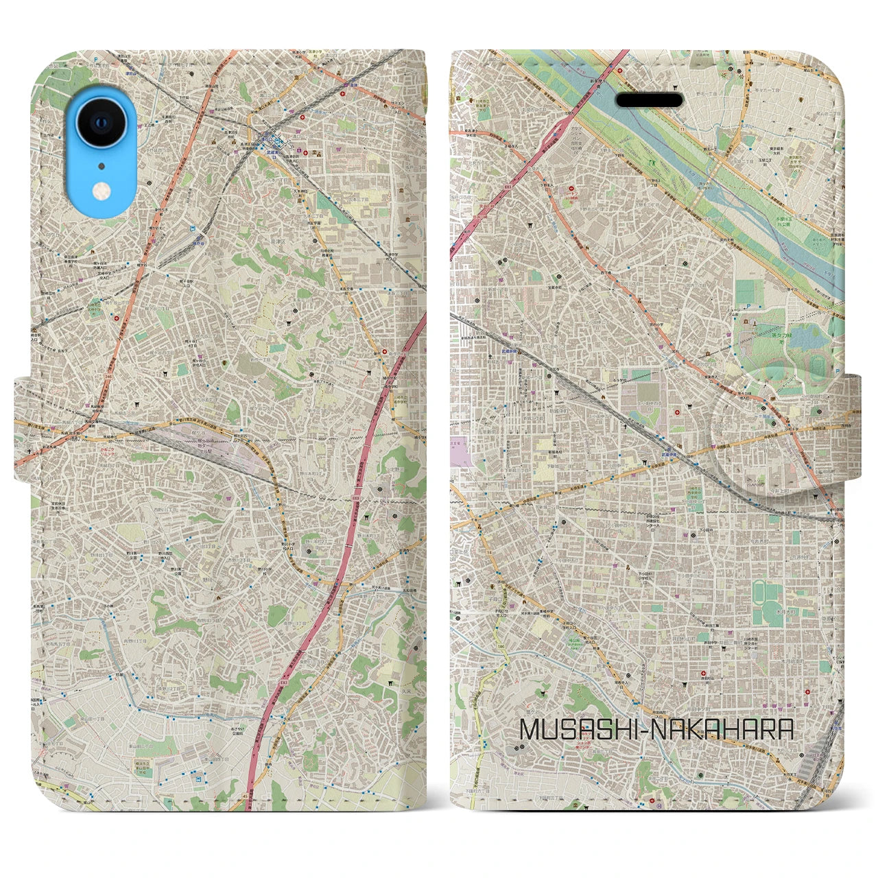 【武蔵中原】地図柄iPhoneケース（手帳両面タイプ・ナチュラル）iPhone XR 用
