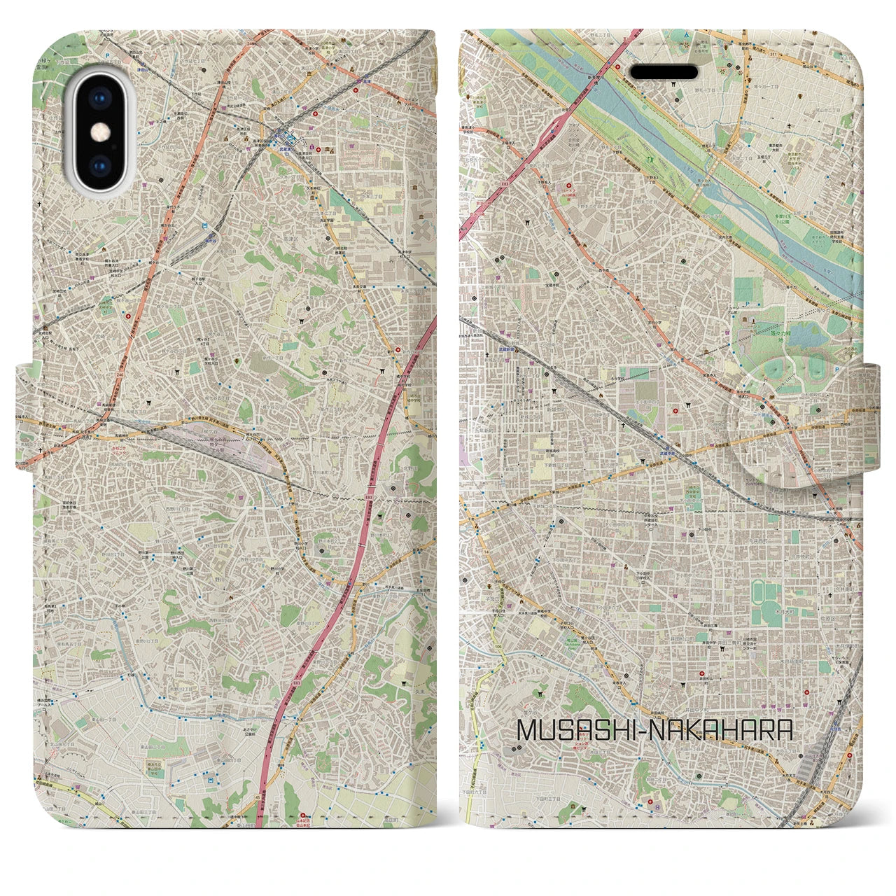 【武蔵中原】地図柄iPhoneケース（手帳両面タイプ・ナチュラル）iPhone XS Max 用