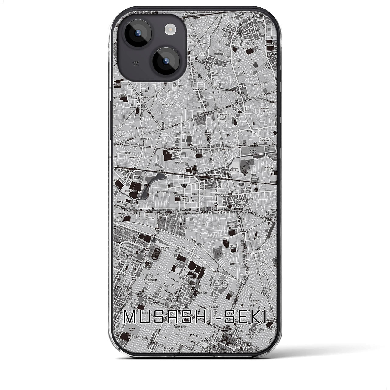 【武蔵関】地図柄iPhoneケース（クリアタイプ・モノトーン）iPhone 14 Plus 用