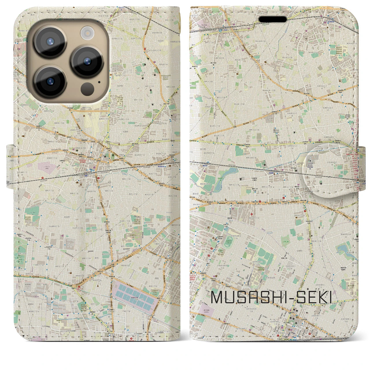 【武蔵関】地図柄iPhoneケース（手帳両面タイプ・ナチュラル）iPhone 14 Pro Max 用