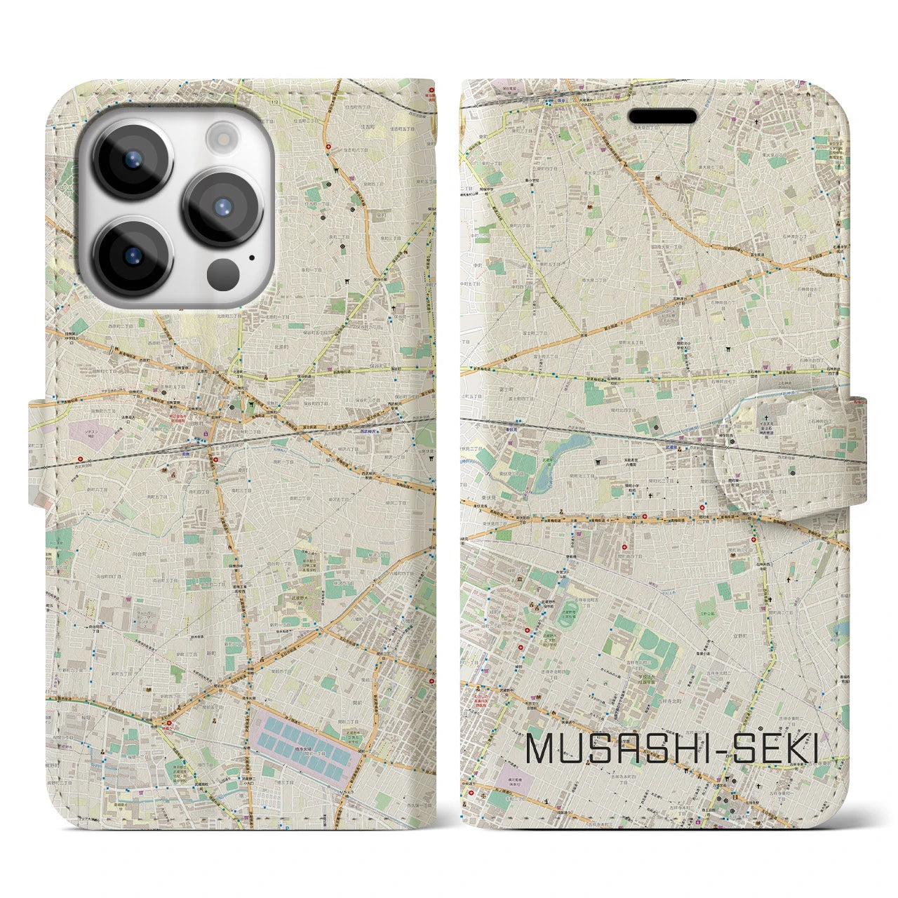 【武蔵関】地図柄iPhoneケース（手帳両面タイプ・ナチュラル）iPhone 14 Pro 用