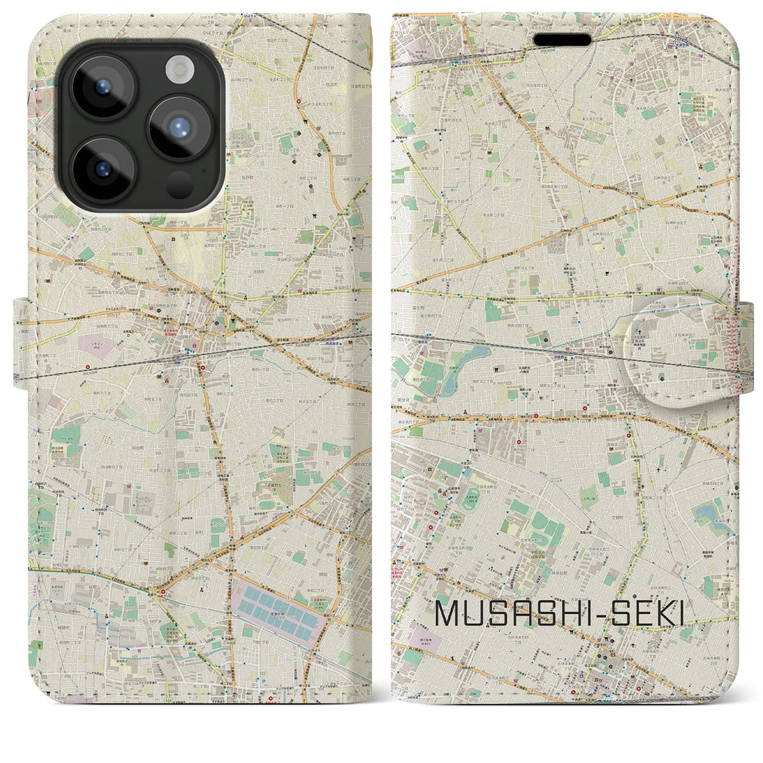【武蔵関】地図柄iPhoneケース（手帳両面タイプ・ナチュラル）iPhone 15 Pro Max 用