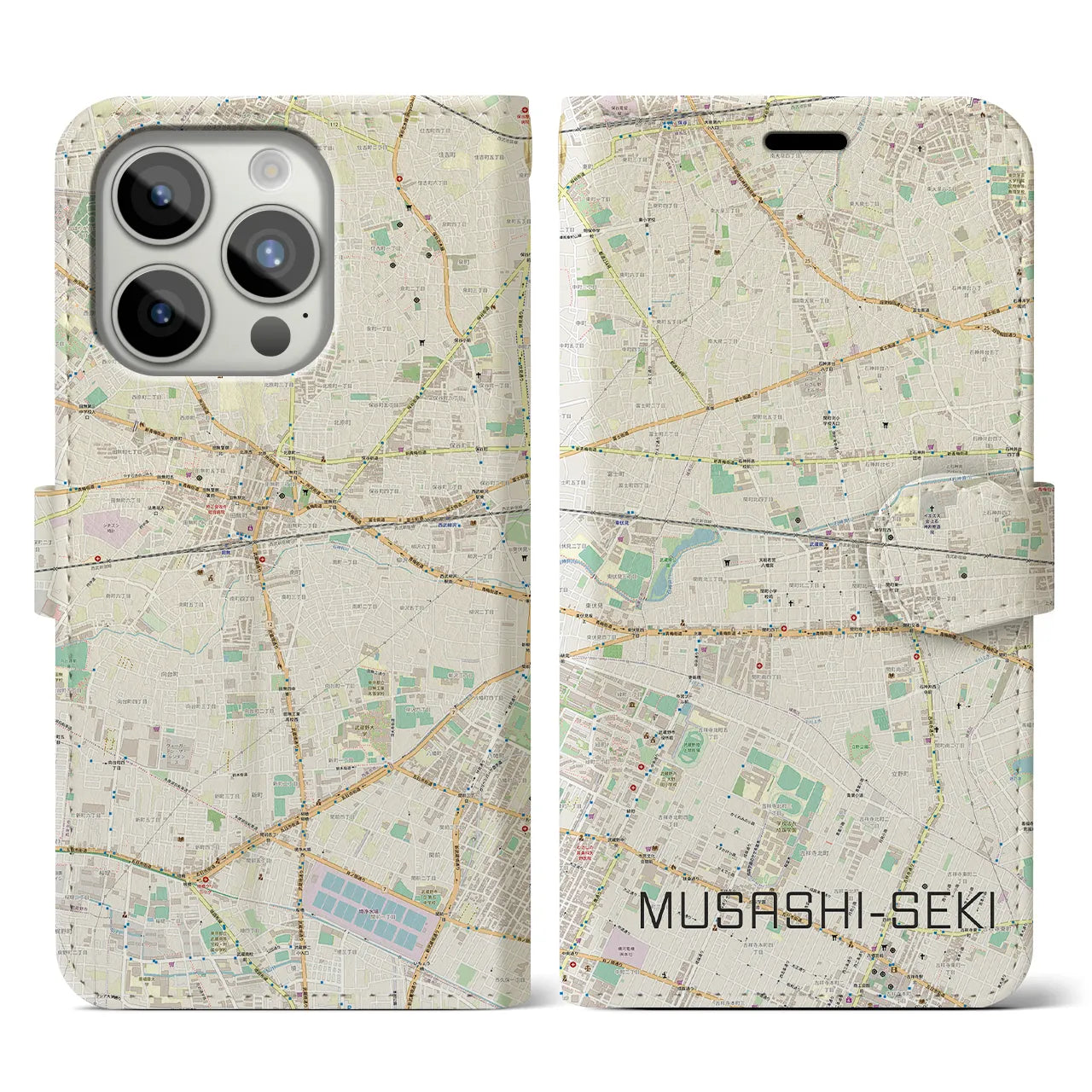 【武蔵関】地図柄iPhoneケース（手帳両面タイプ・ナチュラル）iPhone 15 Pro 用