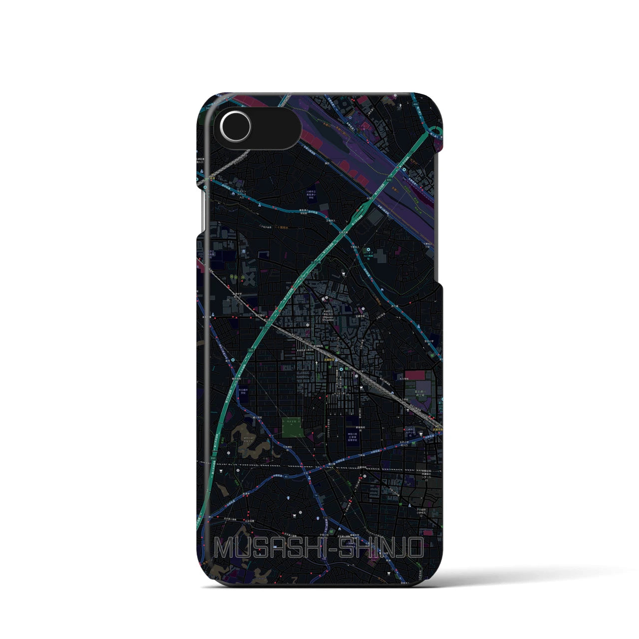 【武蔵新城】地図柄iPhoneケース（バックカバータイプ・ブラック）iPhone SE（第3 / 第2世代） / 8 / 7 / 6s / 6 用