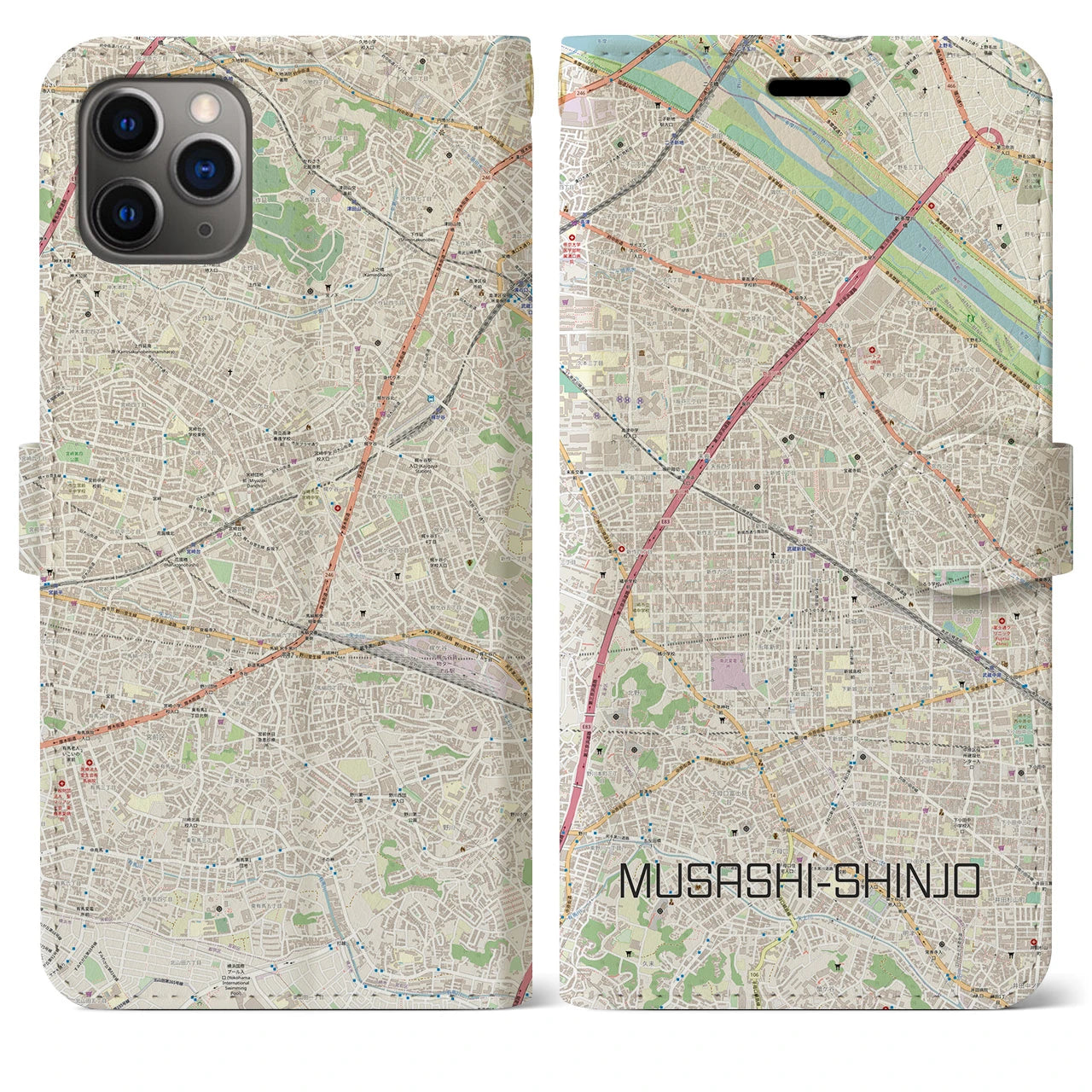 【武蔵新城】地図柄iPhoneケース（手帳両面タイプ・ナチュラル）iPhone 11 Pro Max 用