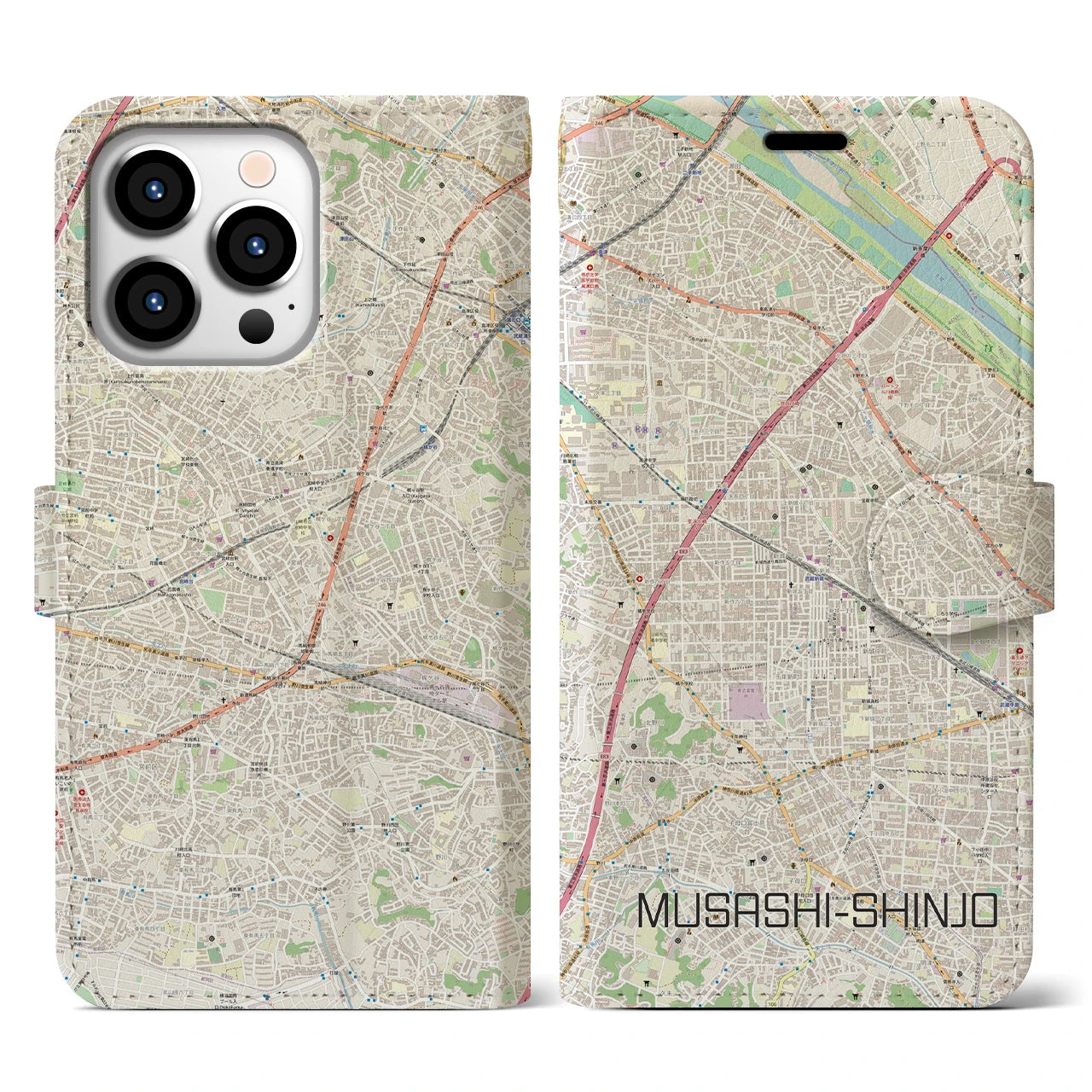 【武蔵新城】地図柄iPhoneケース（手帳両面タイプ・ナチュラル）iPhone 13 Pro 用