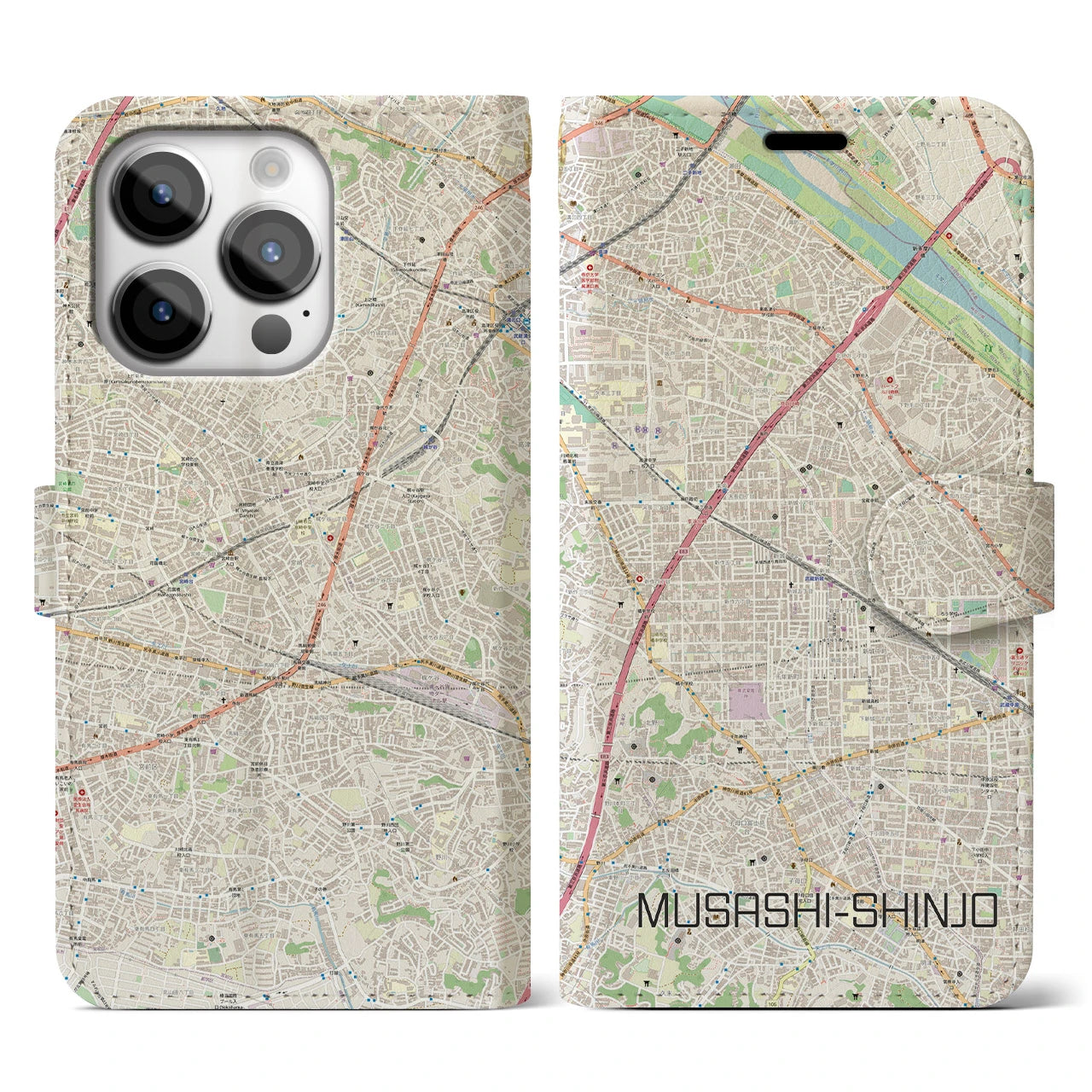 【武蔵新城】地図柄iPhoneケース（手帳両面タイプ・ナチュラル）iPhone 14 Pro 用