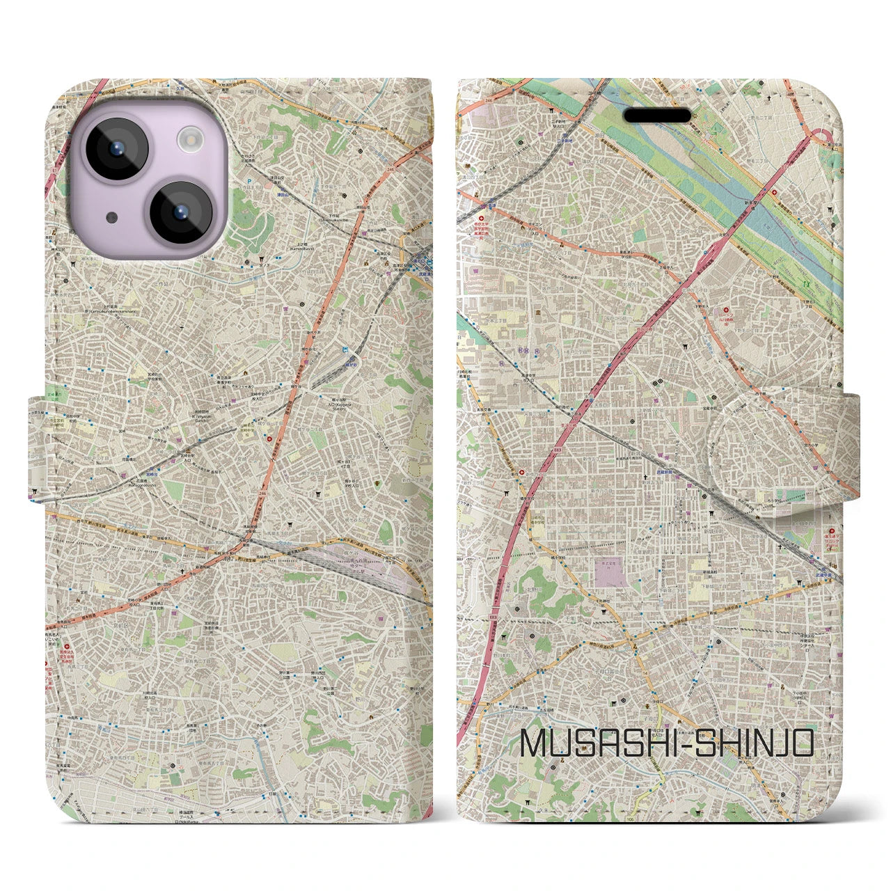 【武蔵新城】地図柄iPhoneケース（手帳両面タイプ・ナチュラル）iPhone 14 用