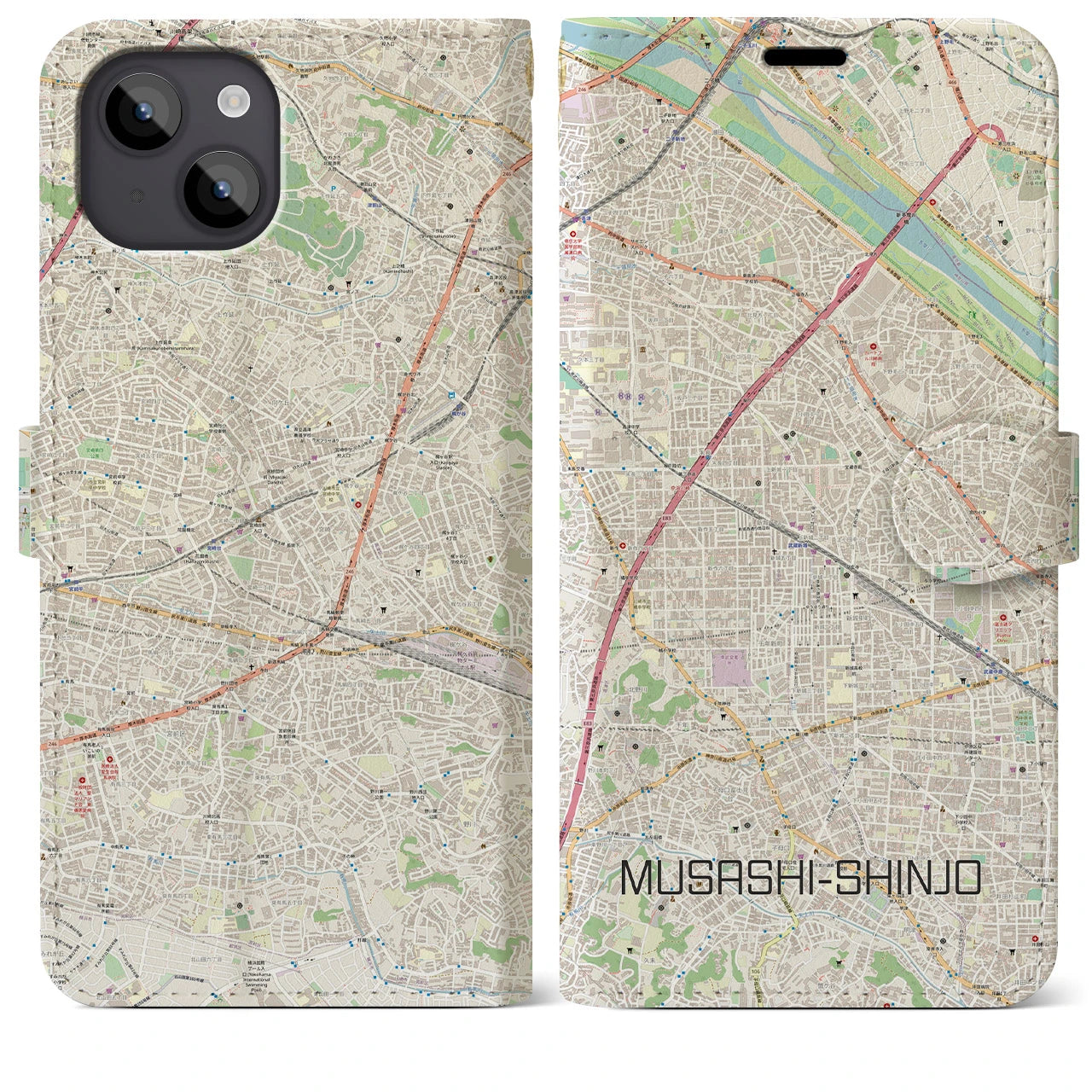 【武蔵新城】地図柄iPhoneケース（手帳両面タイプ・ナチュラル）iPhone 14 Plus 用
