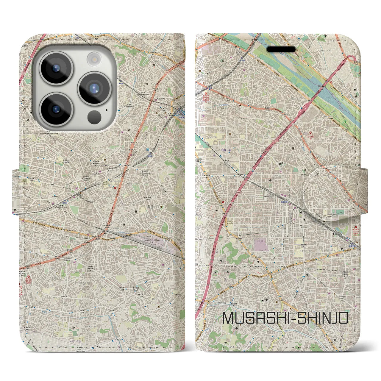 【武蔵新城】地図柄iPhoneケース（手帳両面タイプ・ナチュラル）iPhone 15 Pro 用