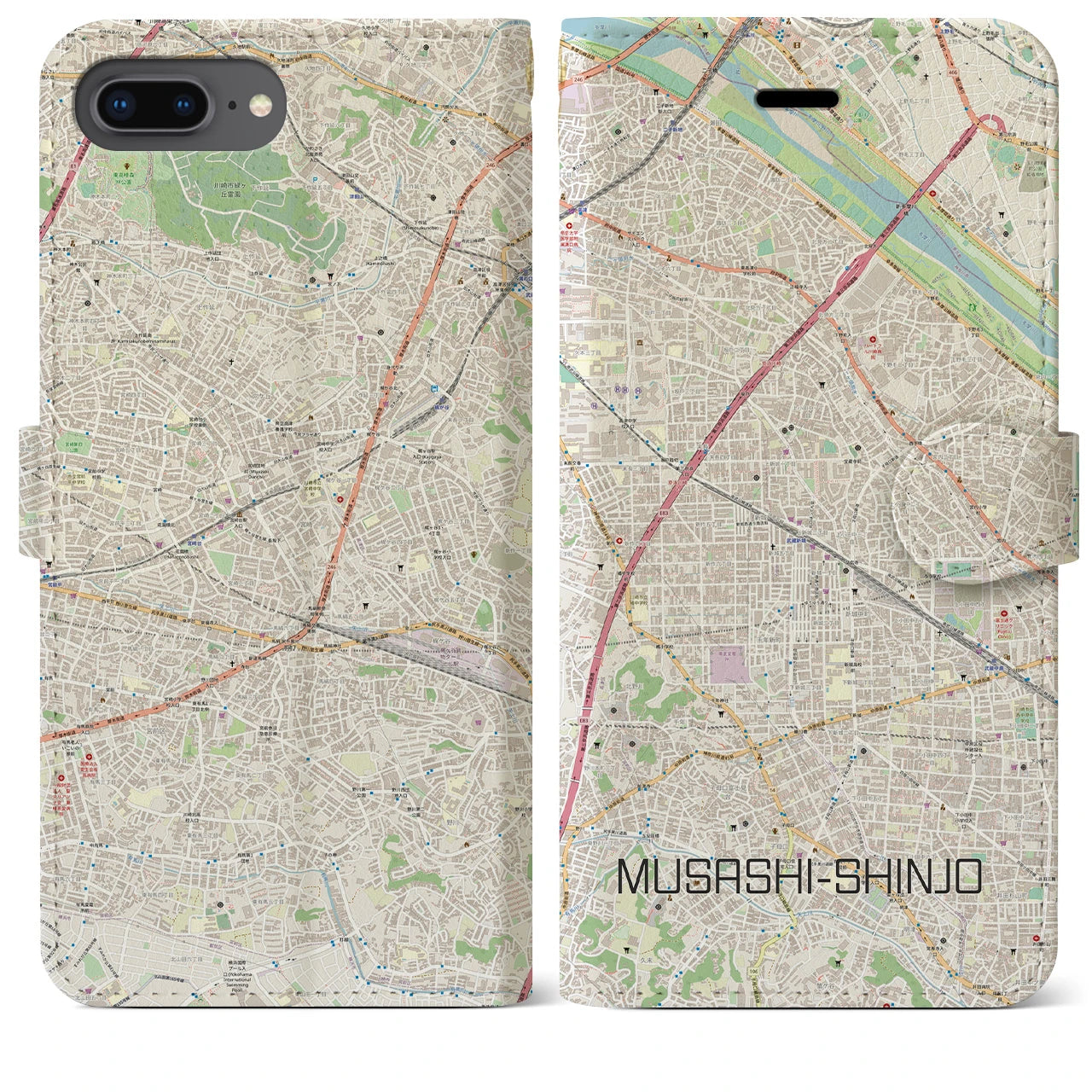 【武蔵新城】地図柄iPhoneケース（手帳両面タイプ・ナチュラル）iPhone 8Plus /7Plus / 6sPlus / 6Plus 用