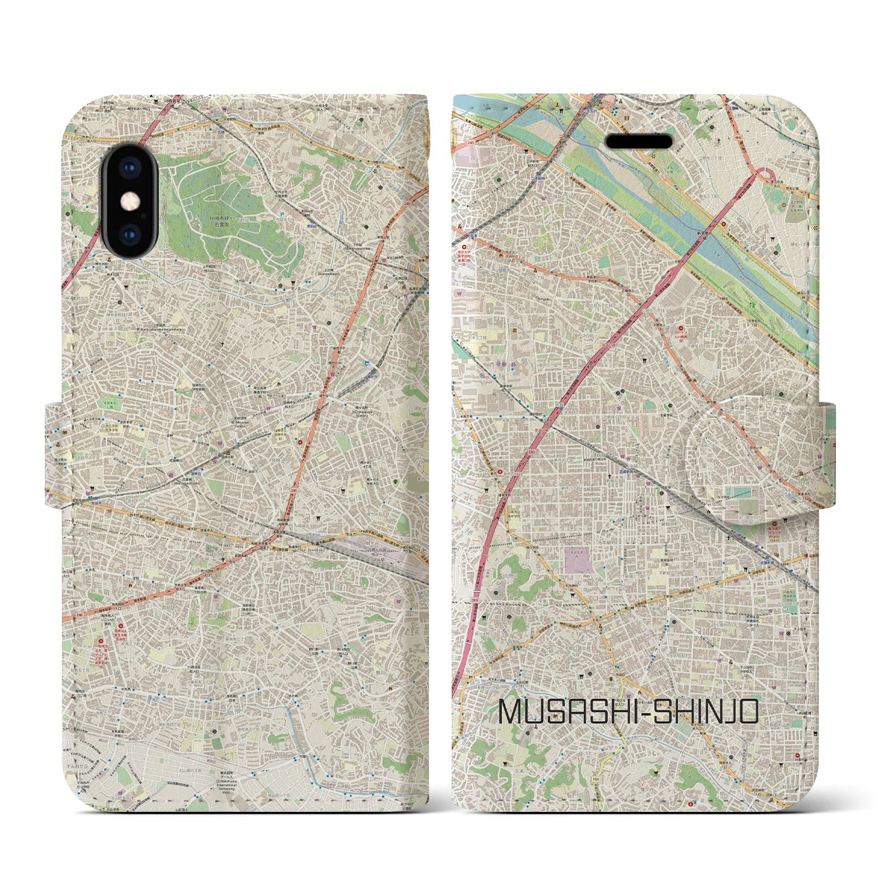 【武蔵新城】地図柄iPhoneケース（手帳両面タイプ・ナチュラル）iPhone XS / X 用
