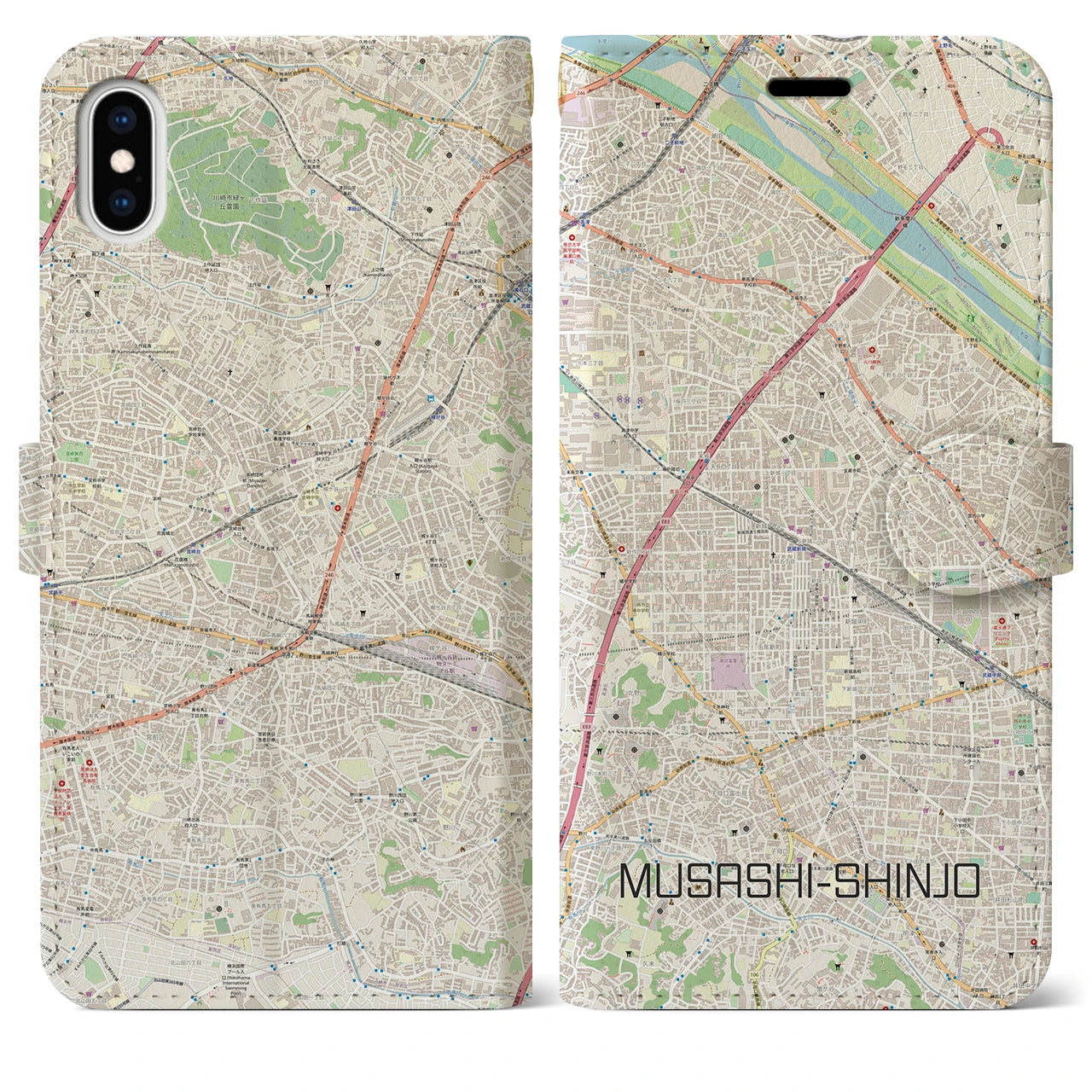 【武蔵新城】地図柄iPhoneケース（手帳両面タイプ・ナチュラル）iPhone XS Max 用