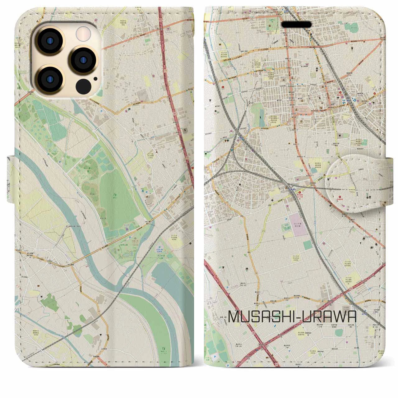 【武蔵浦和】地図柄iPhoneケース（手帳両面タイプ・ナチュラル）iPhone 12 Pro Max 用
