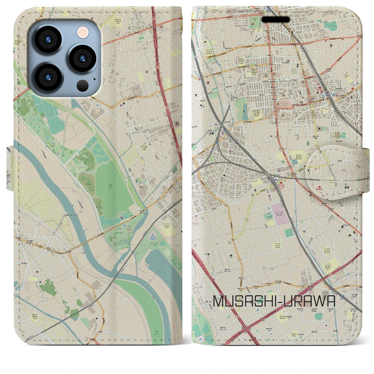【武蔵浦和】地図柄iPhoneケース（手帳両面タイプ・ナチュラル）iPhone 13 Pro Max 用