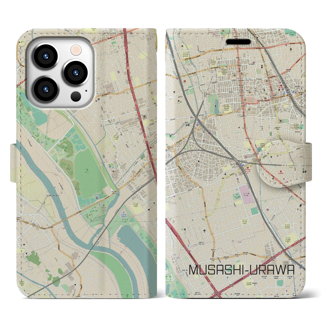 【武蔵浦和】地図柄iPhoneケース（手帳両面タイプ・ナチュラル）iPhone 13 Pro 用