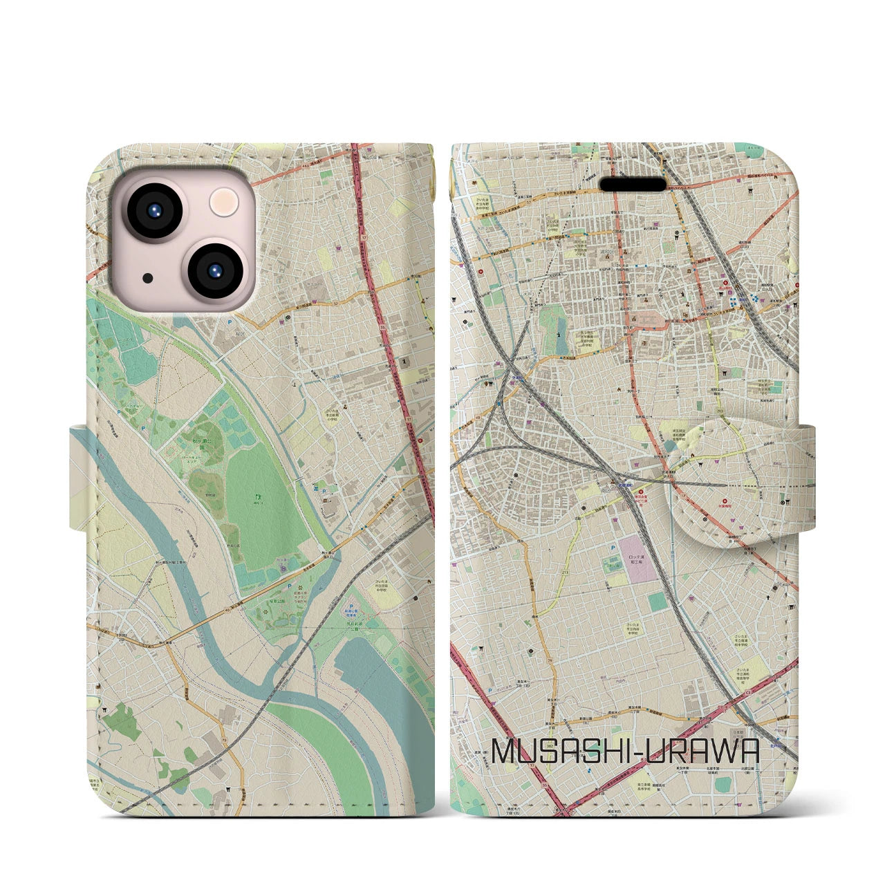 【武蔵浦和】地図柄iPhoneケース（手帳両面タイプ・ナチュラル）iPhone 13 mini 用