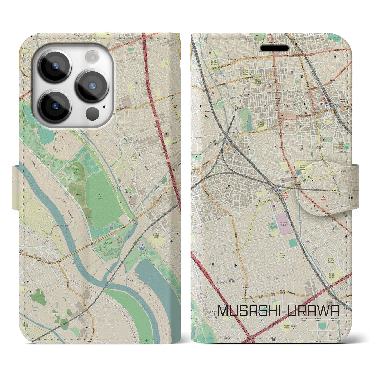 【武蔵浦和】地図柄iPhoneケース（手帳両面タイプ・ナチュラル）iPhone 14 Pro 用