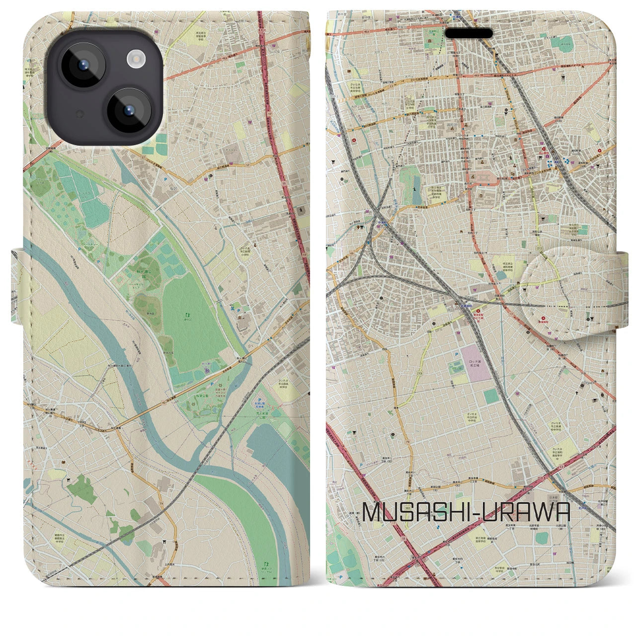 【武蔵浦和】地図柄iPhoneケース（手帳両面タイプ・ナチュラル）iPhone 14 Plus 用