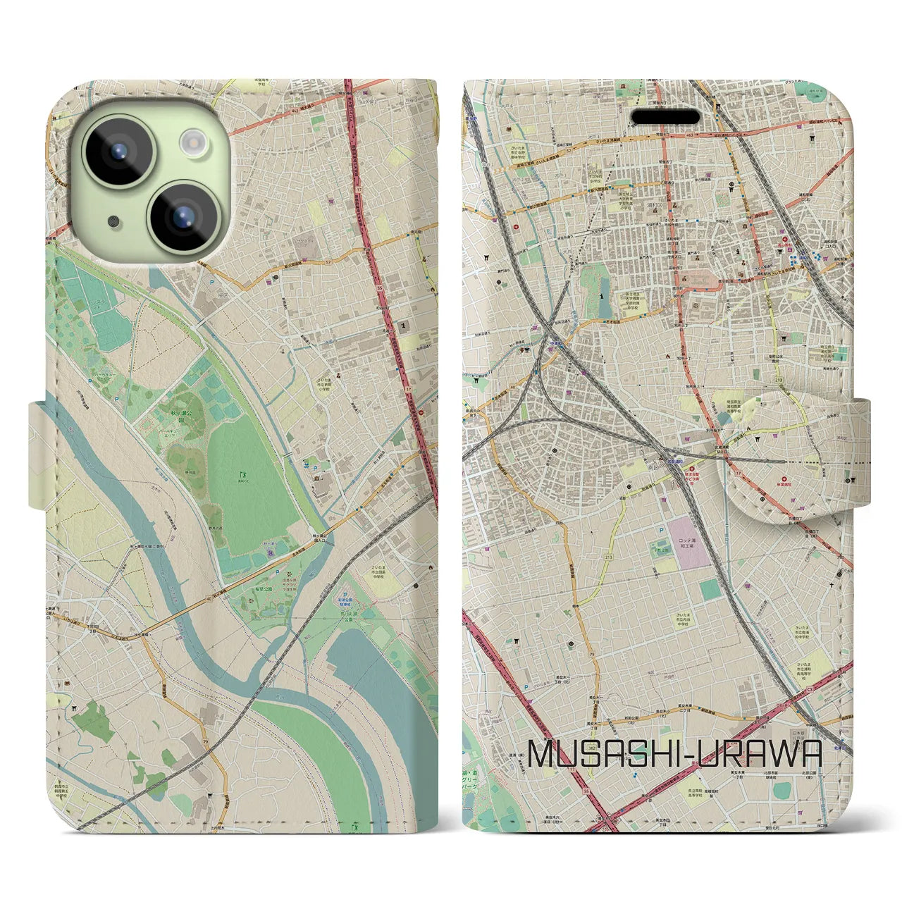 【武蔵浦和】地図柄iPhoneケース（手帳両面タイプ・ナチュラル）iPhone 15 用