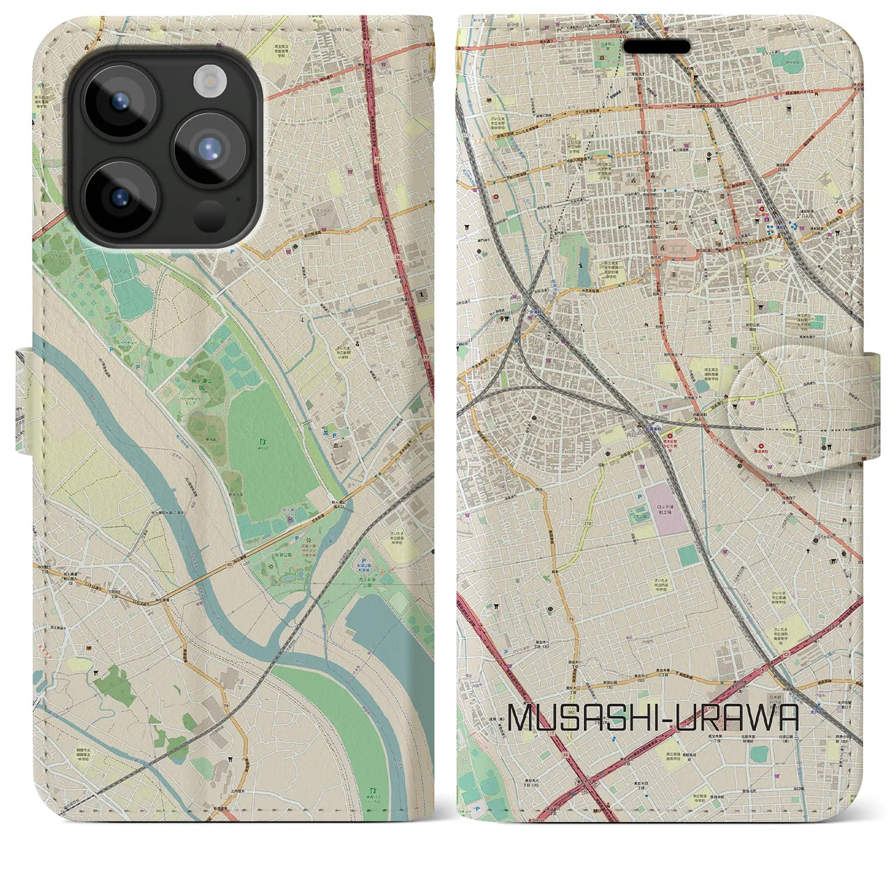 【武蔵浦和】地図柄iPhoneケース（手帳両面タイプ・ナチュラル）iPhone 15 Pro Max 用