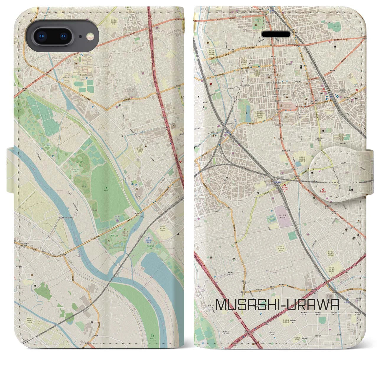【武蔵浦和】地図柄iPhoneケース（手帳両面タイプ・ナチュラル）iPhone 8Plus /7Plus / 6sPlus / 6Plus 用