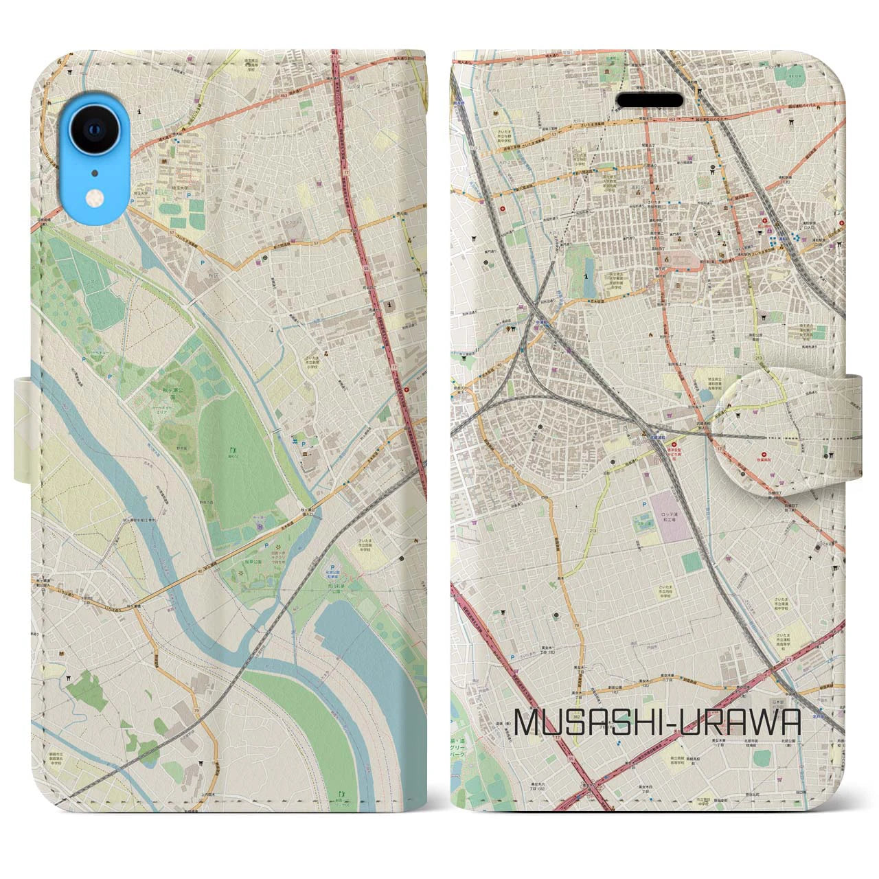 【武蔵浦和】地図柄iPhoneケース（手帳両面タイプ・ナチュラル）iPhone XR 用