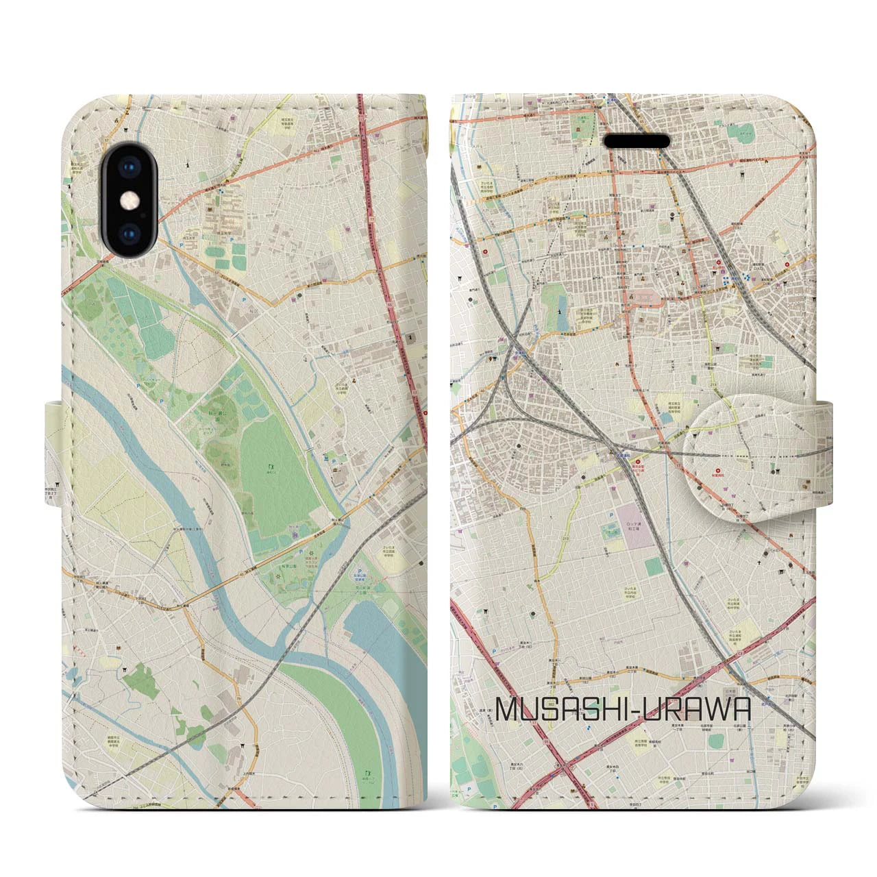 【武蔵浦和】地図柄iPhoneケース（手帳両面タイプ・ナチュラル）iPhone XS / X 用