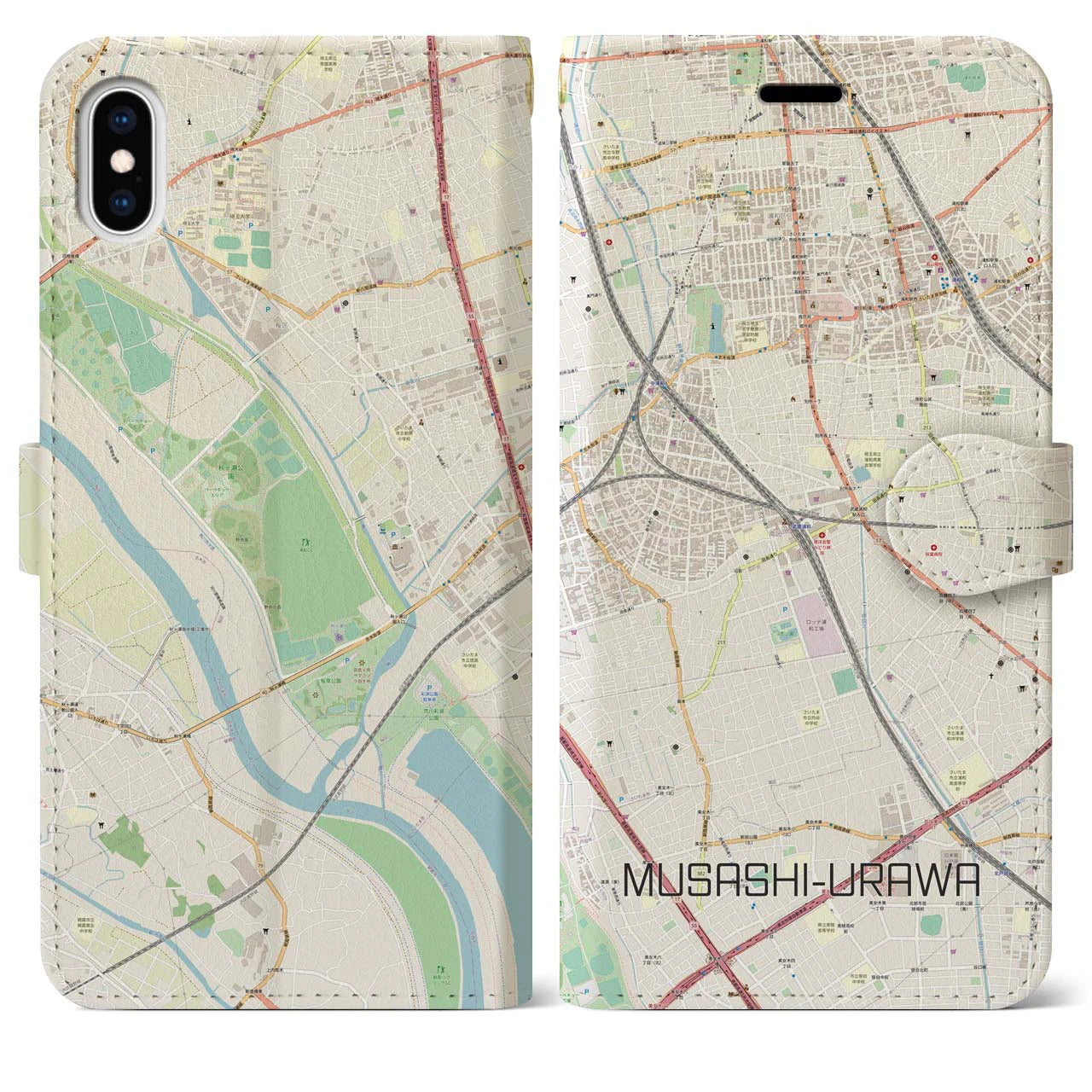 【武蔵浦和】地図柄iPhoneケース（手帳両面タイプ・ナチュラル）iPhone XS Max 用